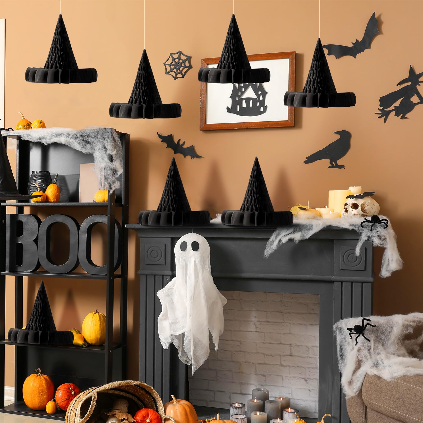 Fourluoo 12 Pcs Halloween Hanging Decor Honeycomb Decorations Halloween Hanging Paper Ornament Reusable Scary Party Decor Paper