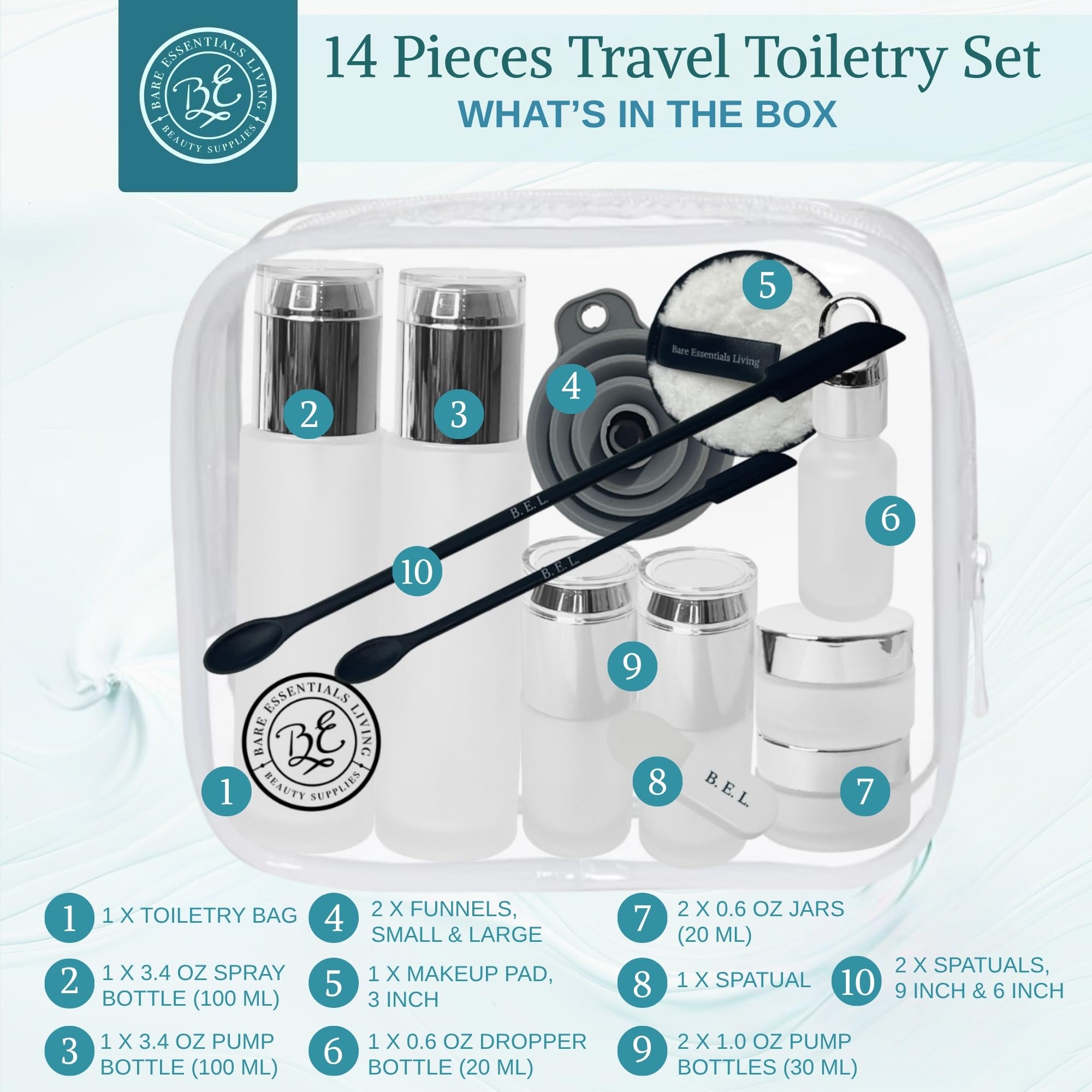 14 Pcs Travel Skincare Containers Set-Tsa Approved Toiletry Bag & Glass Travel Bottles For Toiletries Pump, Spray & Dropper Bott