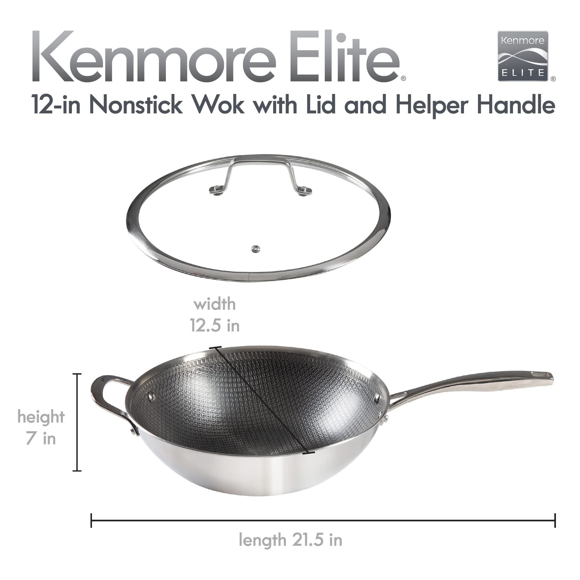 Kenmore Elite Luke Hybrid 12'' Tri-Ply Stainless Steel Pfoa Free Nonstick Wok Pan W/Lid, Metal Utensil Safe