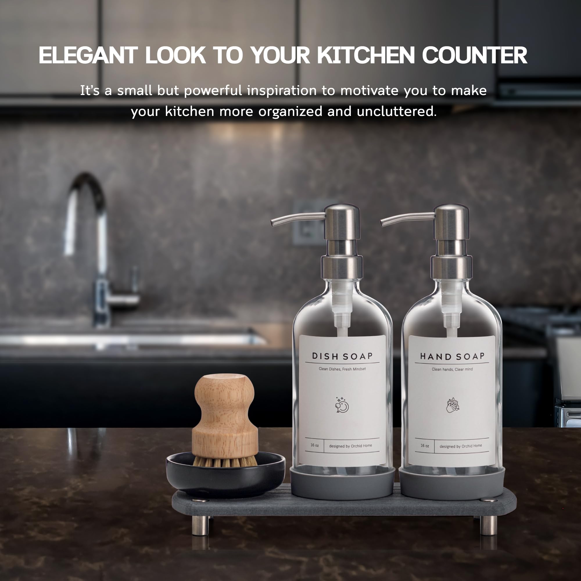 [Luxury] Kitchen Soap Dispenser Set - 16Oz Clear Glass Bottle, Stainless Steel Pump, Instant Dry Tray, Waterproof Labels, Non-Sl
