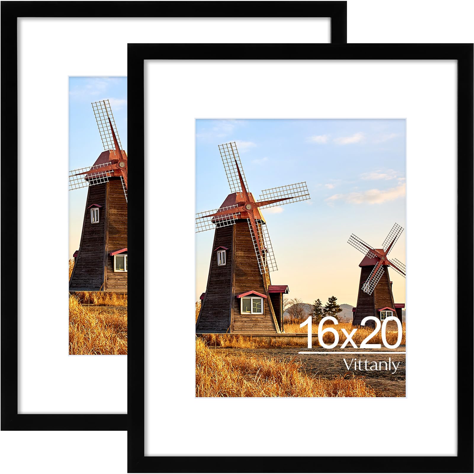 Vittanly 16x20 Picture Frame with Plexiglass - Large Black Poster Frame for Wall Display - Includes 11x14 Mat, Made of PVC Desig