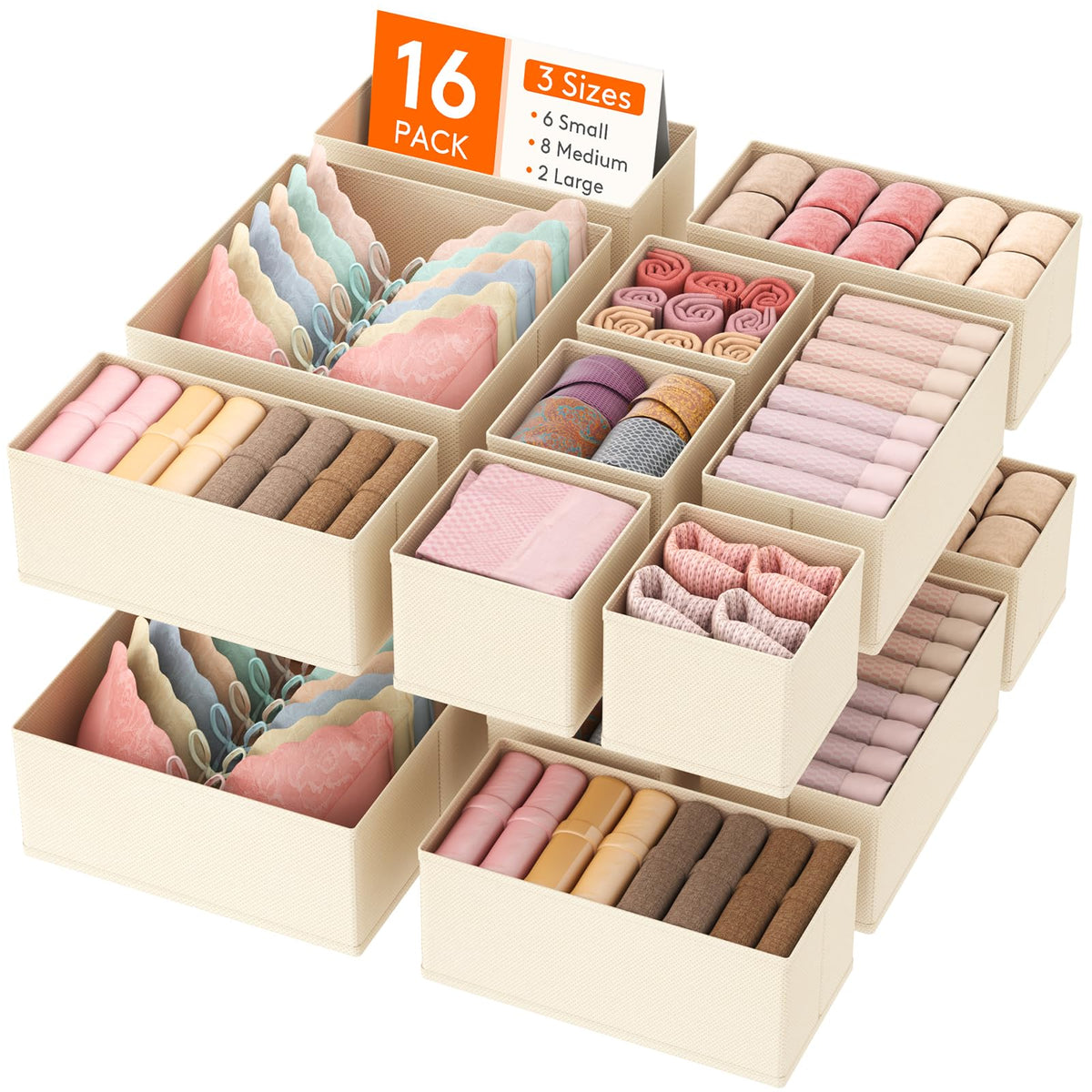 Lifewit 16 Pack Drawer Organizer, Dresser Underwear Drawer Organizer Bins, Foldable Fabric Closet Organizers, Storage Drawer Div