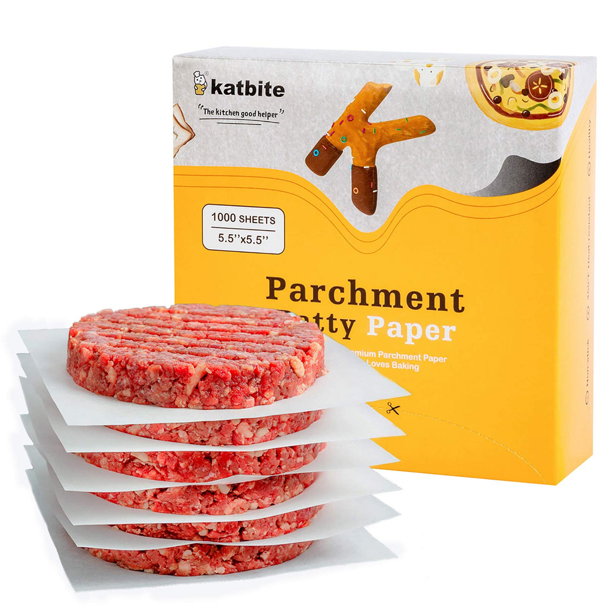 Katbite Hamburger Patty Paper 1000Pcs, 5.5''X5.5'' Non Stick Parchment Paper Squares Sheets For Patty Seperate, Burger Press, Gr