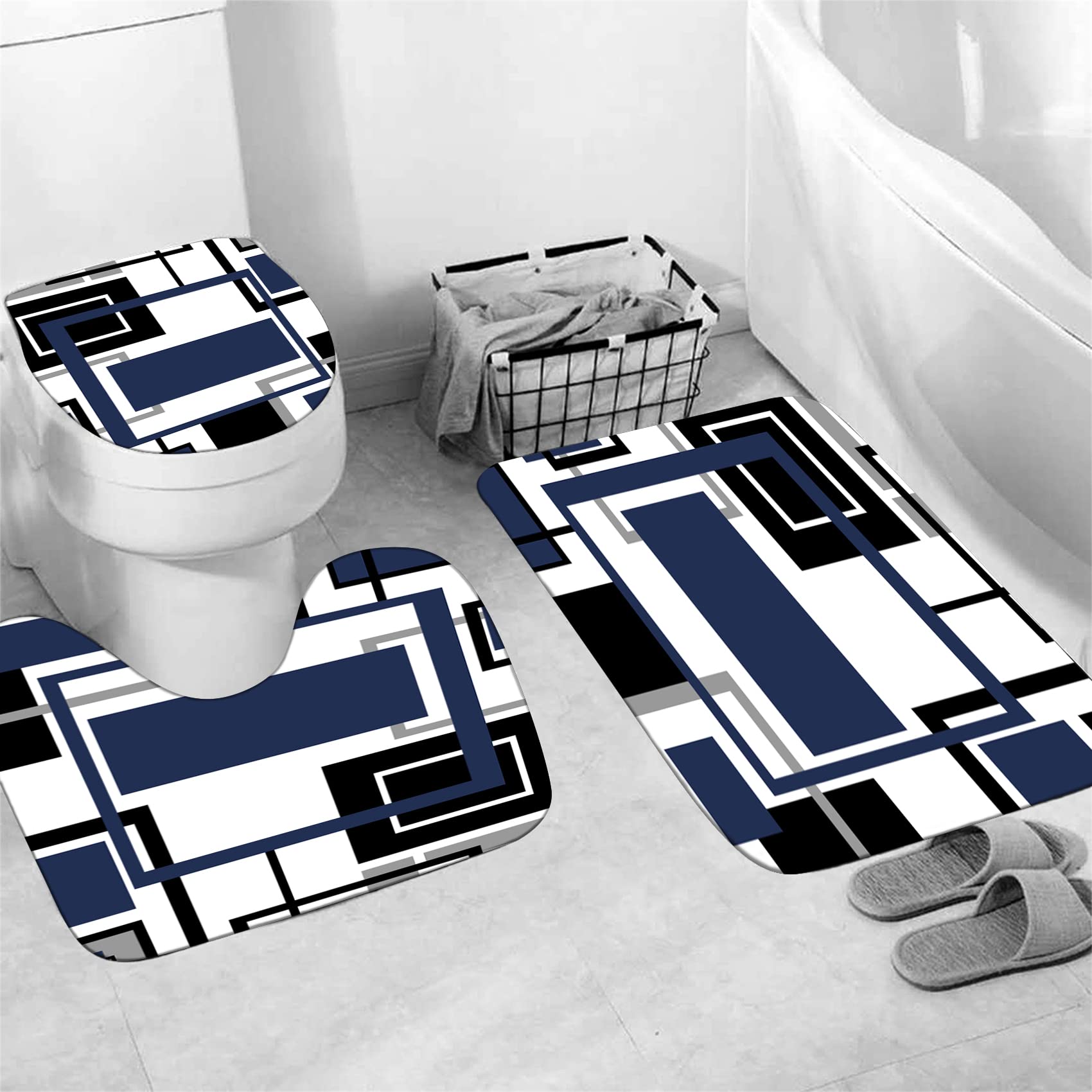 Yddsky 4 Pcs Blue Geometric Shower Curtain Sets With 12 Hooks Non-Slip Rugs U-Shaped Bath Mat, Toilet Cover, Abstract Geometric