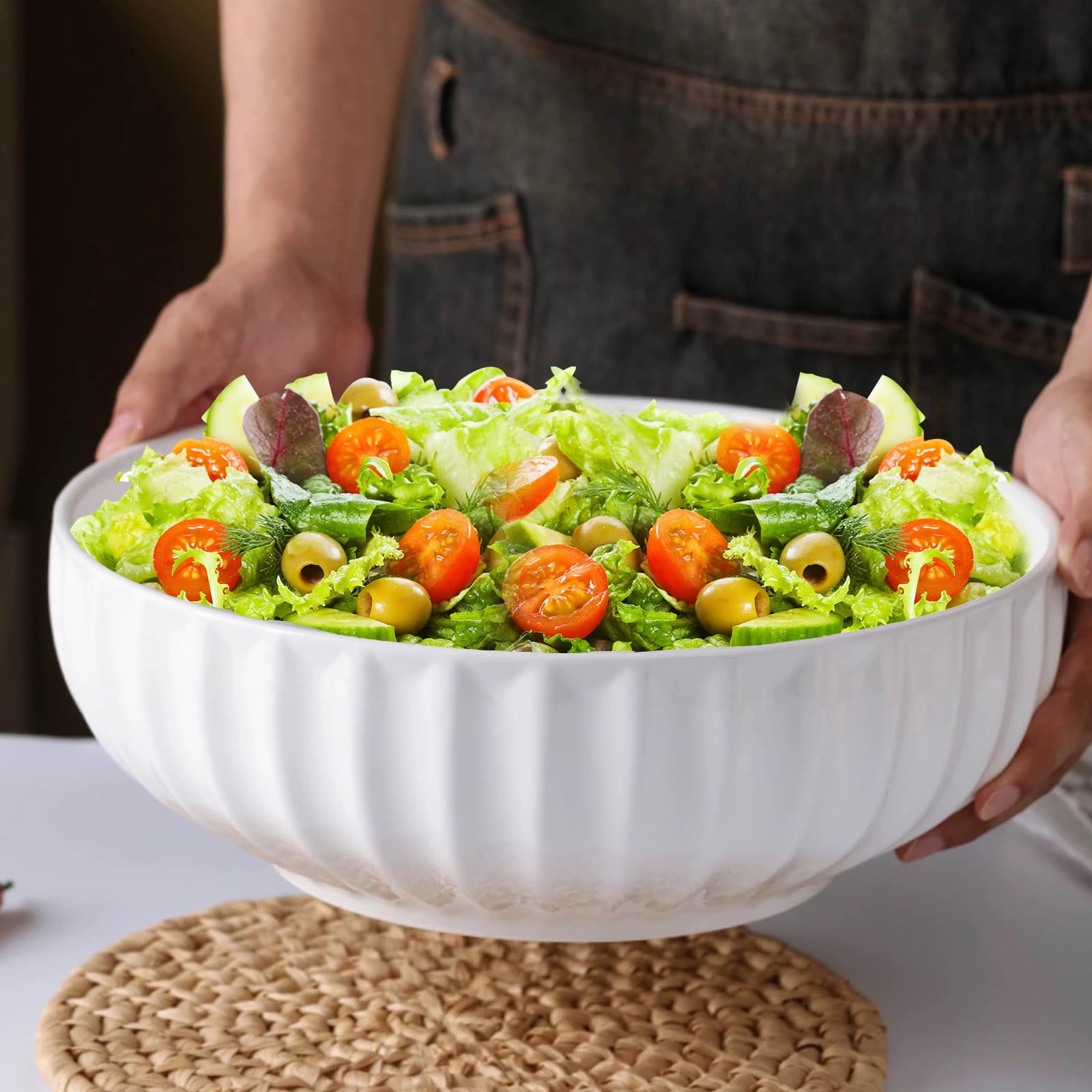 4 Quarts 2 Pcs Extra Large White Serving Bowls With Free Spoons, 12 Inch Oversized Big Salad Bowls For Entertaining, Eating, Cer