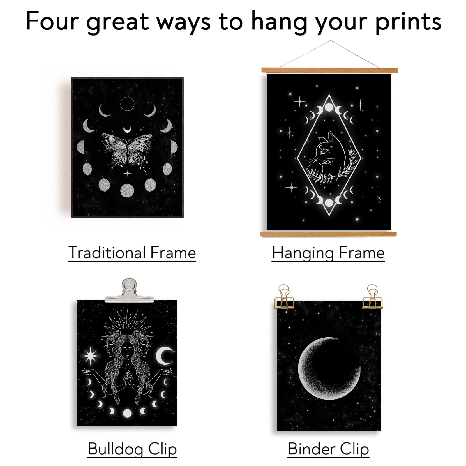 ORIGACH Moon Phases Wall Art Prints  Set of 5  Minimalist Boho Moon Phase Star Witch Wall Prints  Moon Stars Cat Celestial Witch Art Canvas Painting  Gothic Witchy Room Decor  Unframed 8x10in