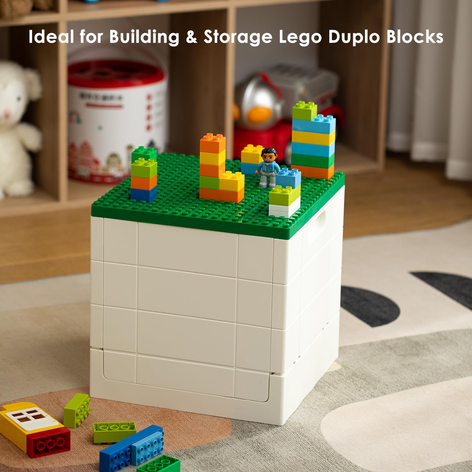 Shimoyama Collapsible Storage Box With Large Building Base For Duplo Blocks, 26 Qt. Foldable Storage Bin (Dark Green)