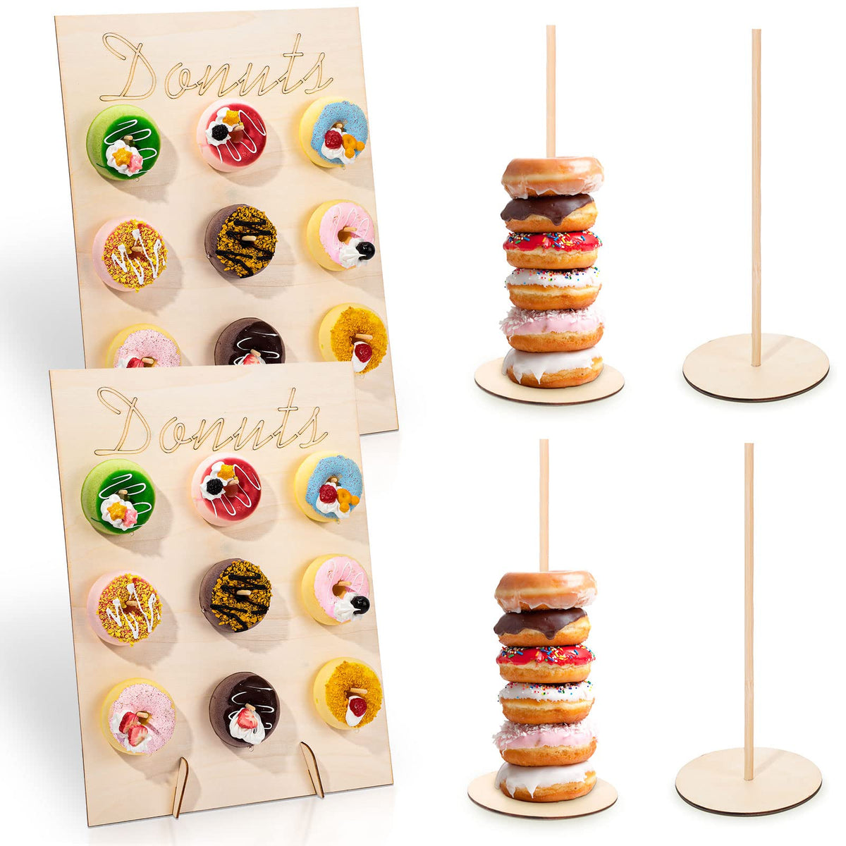 Yulejo 6 Pcs Donuts Display Stands Set Include 2 Pcs Donuts Wall Display Stands Diy Doughnuts Board Holder 4 Pcs Wood Donut Stan