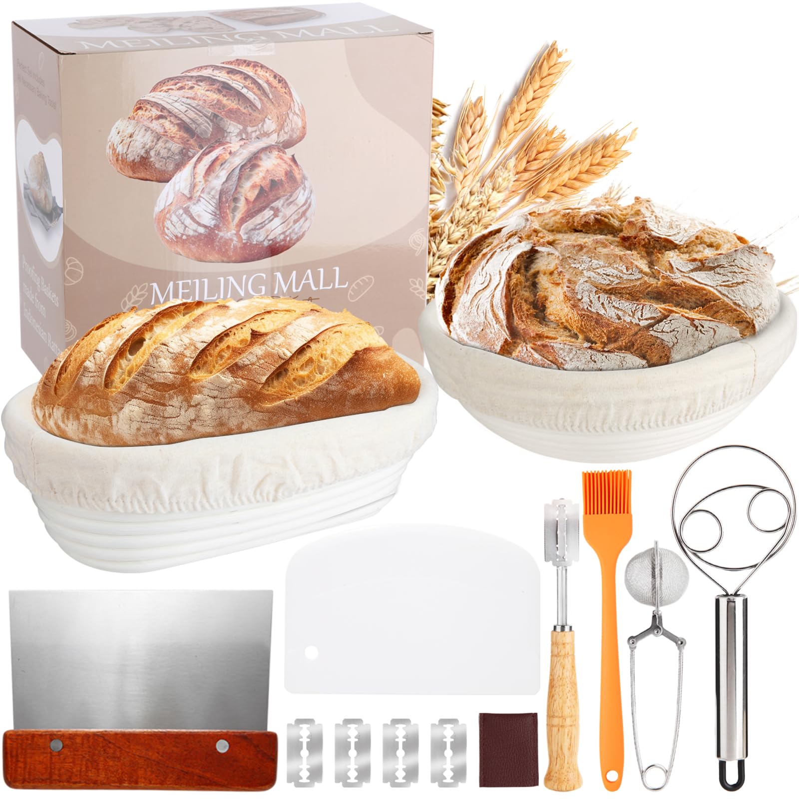 Banneton Bread Proofing Basket Set Of 2, 10'' Round & 10'' Oval Sourdough Baskets With Linen Liners, Bread Lame, Scrapers, Danis