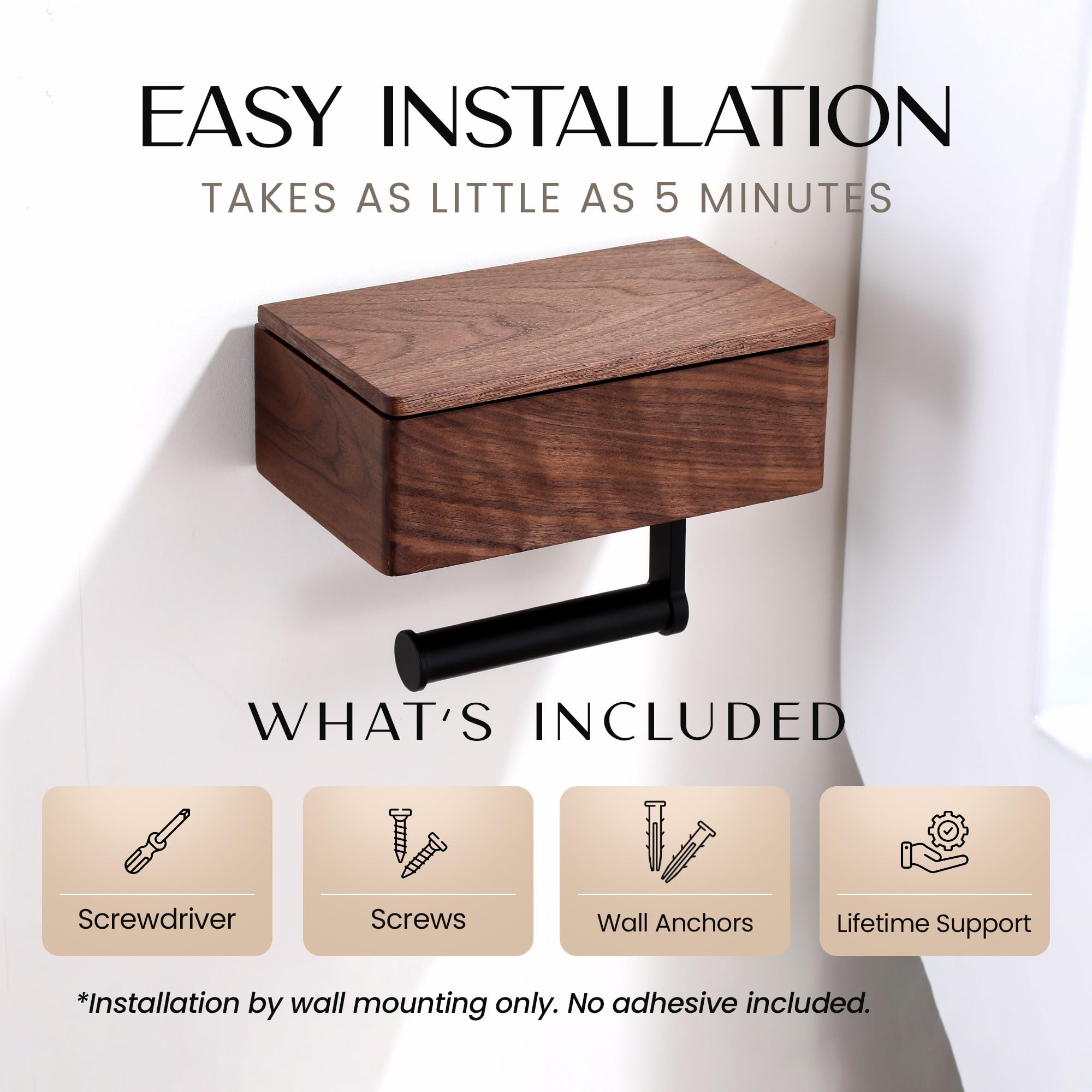 Day Moon Designs Wood Toilet Paper Holder-Wooden Wall Mount Toilet Paper Holder with Shelf as Flushable Wipes Dispenser Bathroom Storage Phone Holder Box Restroom Storage  Black Walnut Wood Dark Wood