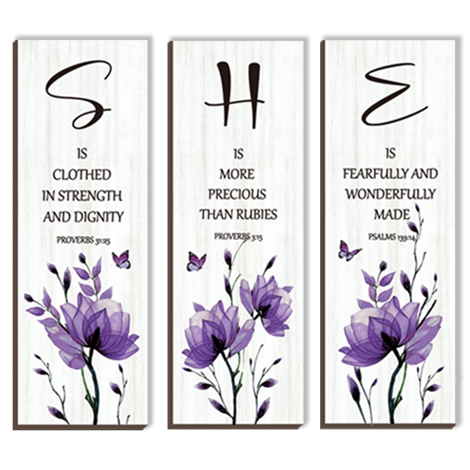 DONFENTHY 3 Pieces Inspirational Purple Floral Wall Decor Wooden Hanging Wall Art Christian Quotes SHE Word Sign Gift for Girl T
