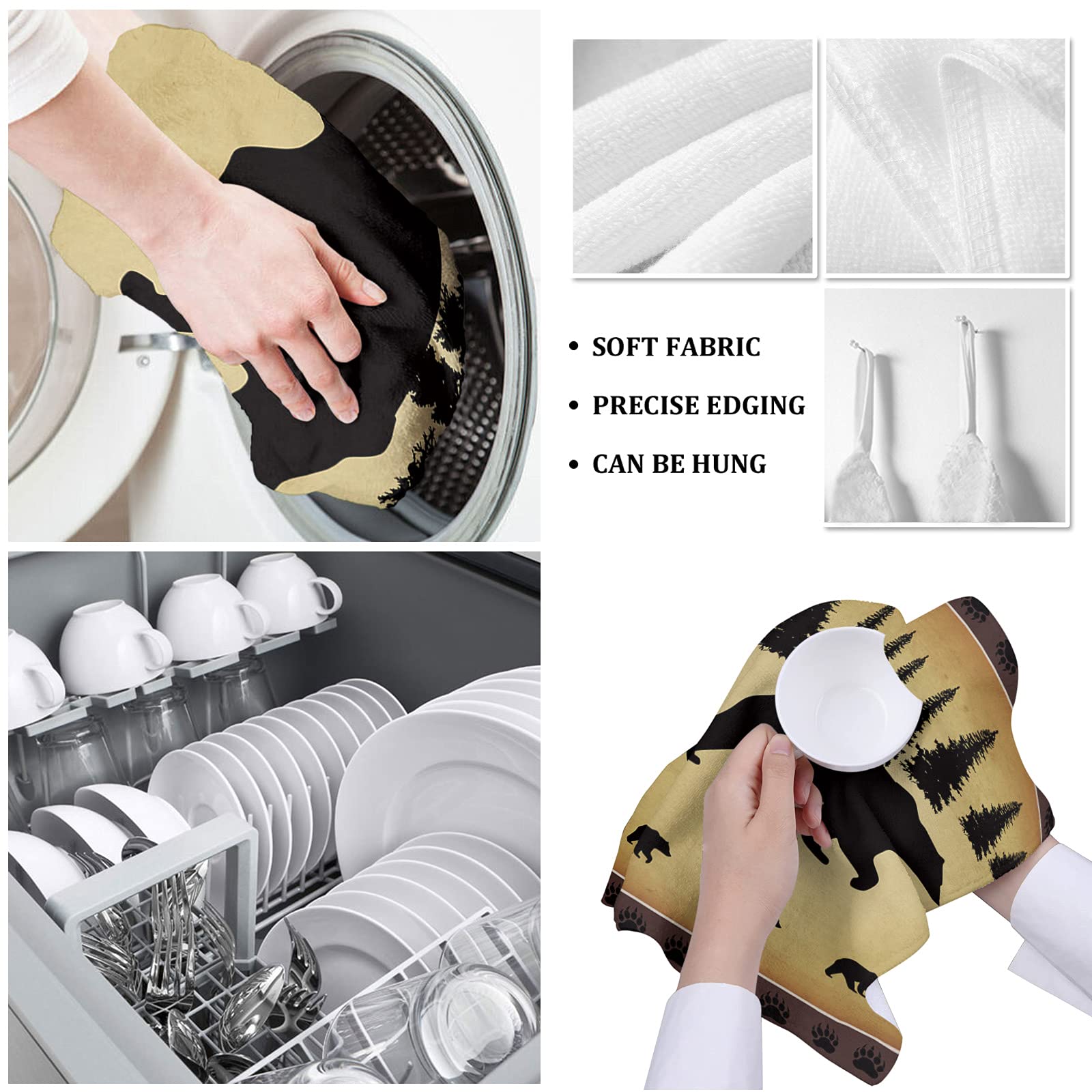Hokiten Kitchen Towel Set, Black Bear Forest Silhouettes Fast Drying Microfiber Kitchen Towels Dish Cloths, Tea Towels/Bar Towel