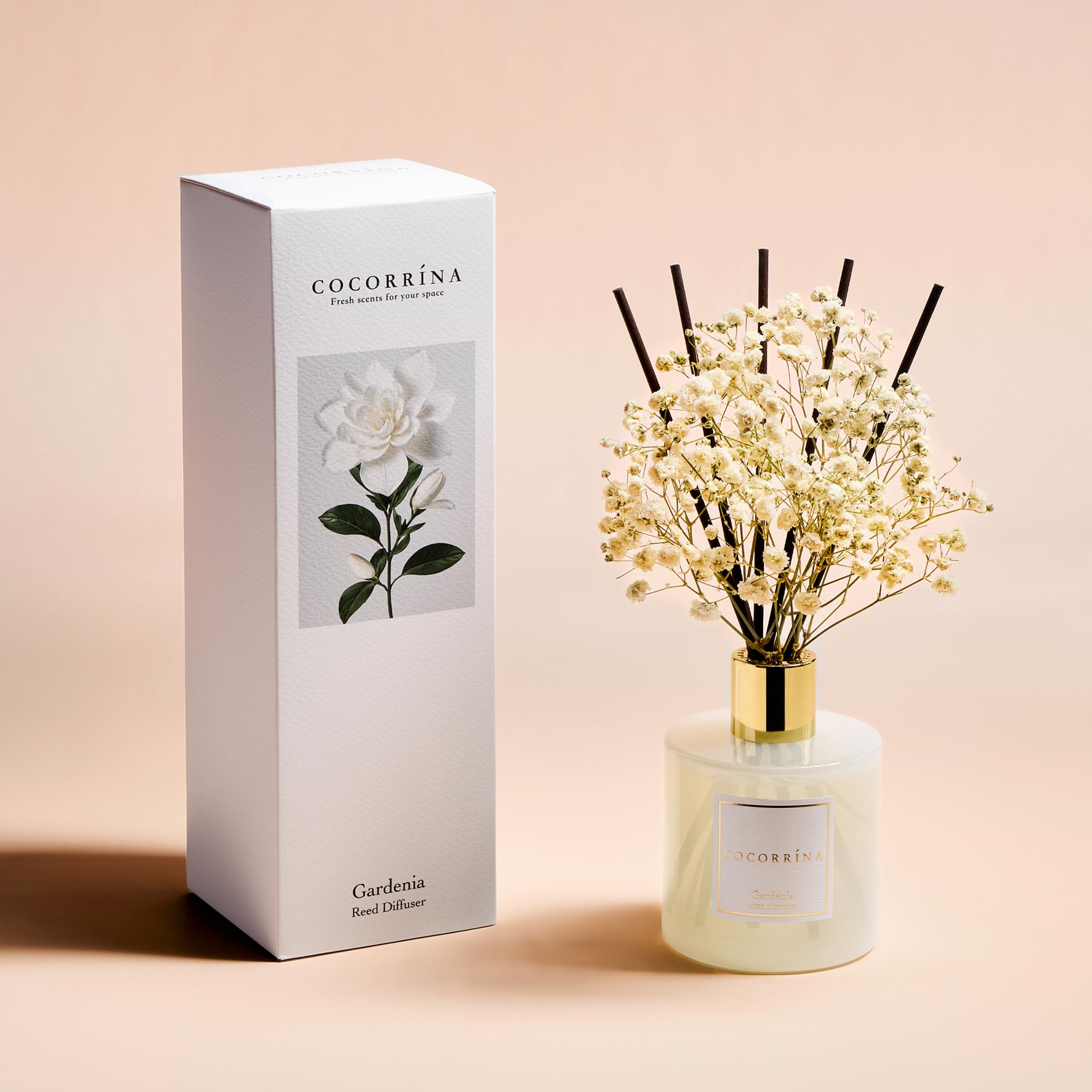 COCORR  NA Reed Diffuser - Gardenia 6.7 Fl.oz Reed Diffuser Set with Sticks & Preserved Babys Breath, Reed Diffuser for Home Ba