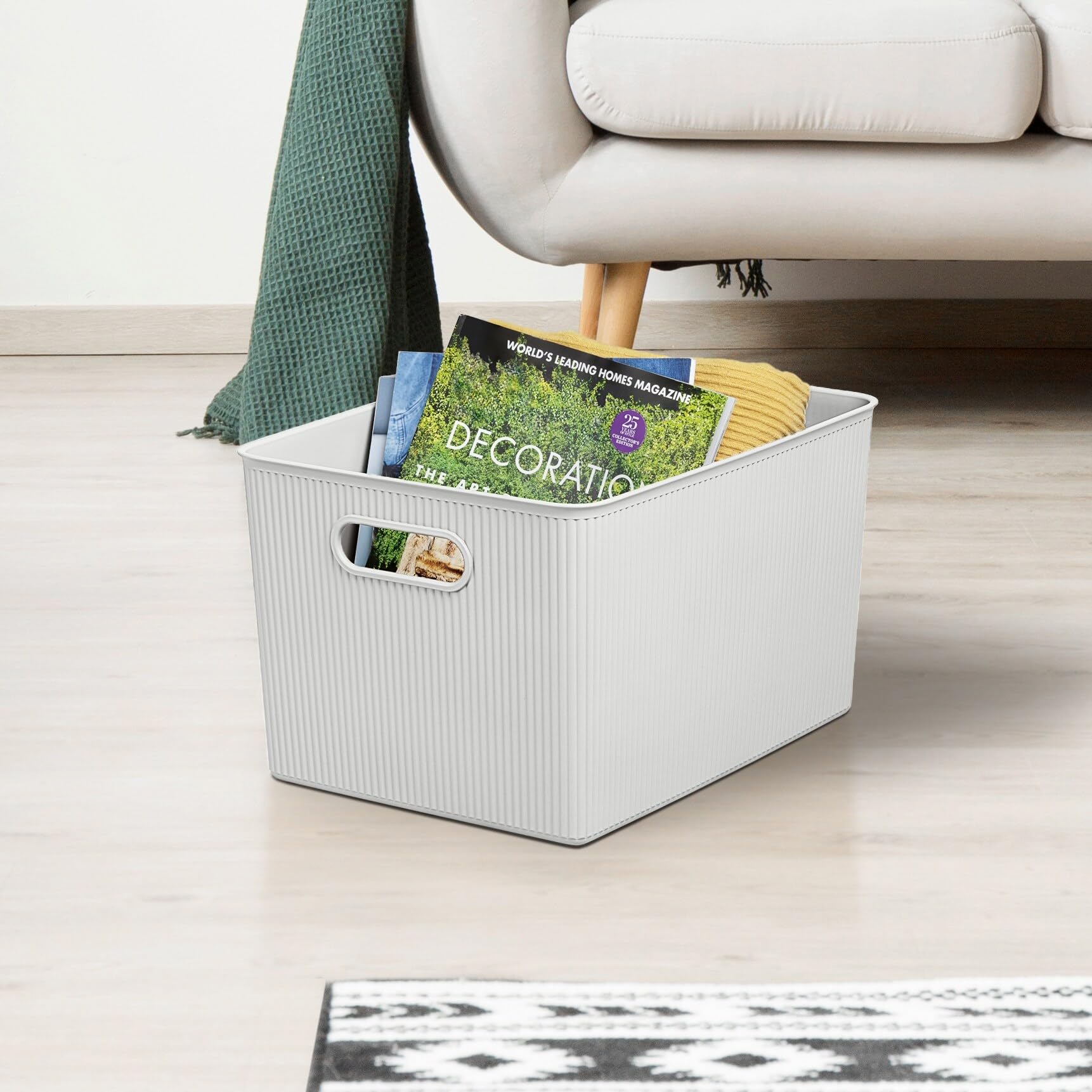 Superio Ribbed Collection - Decorative Plastic Open Home Storage Bins Organizer Baskets, X-Large Brown (1 Pack) Container Boxes
