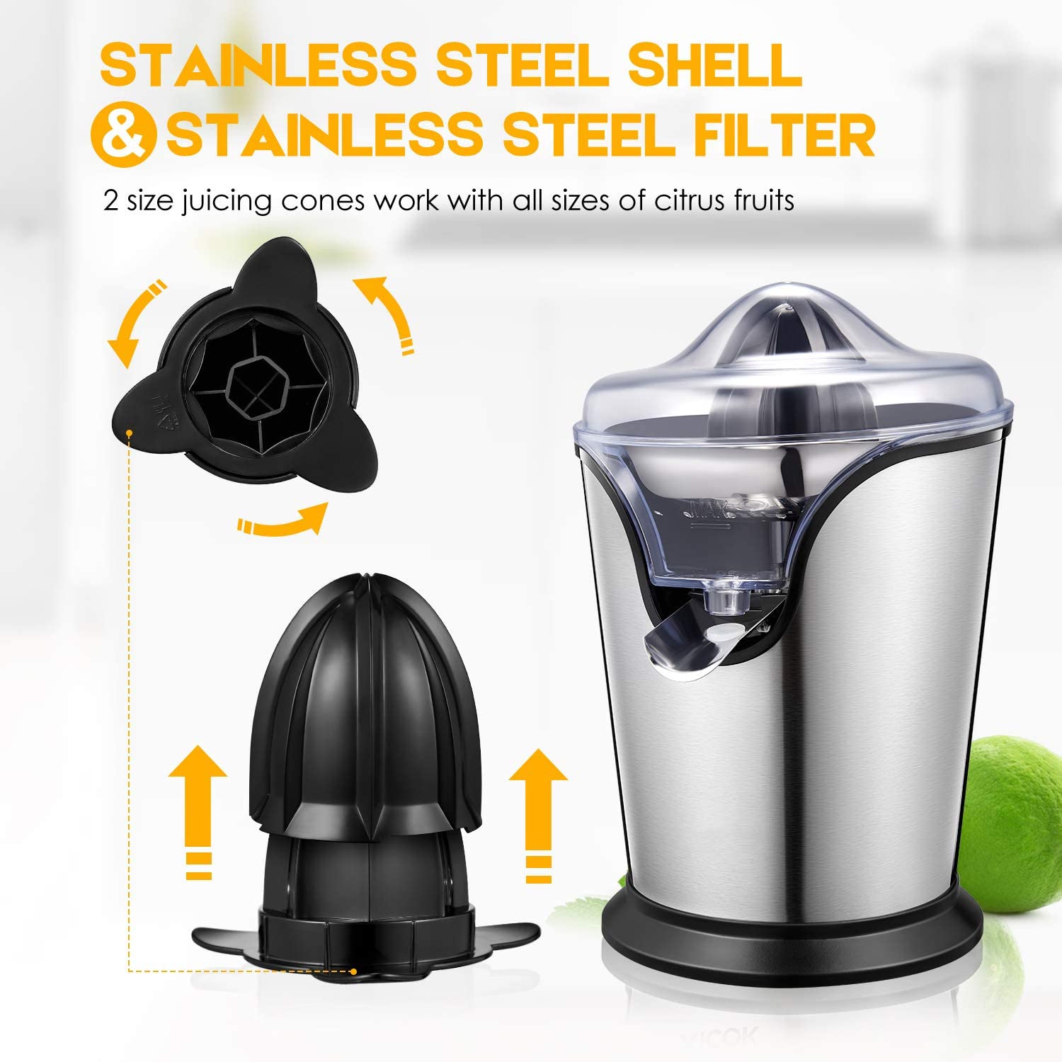 Aiheal Electric Citrus Juicer, Orange Juicer Squeezer With Two Interchangeable Cones Suitable For All Size Of Citrus Fruits, Ant
