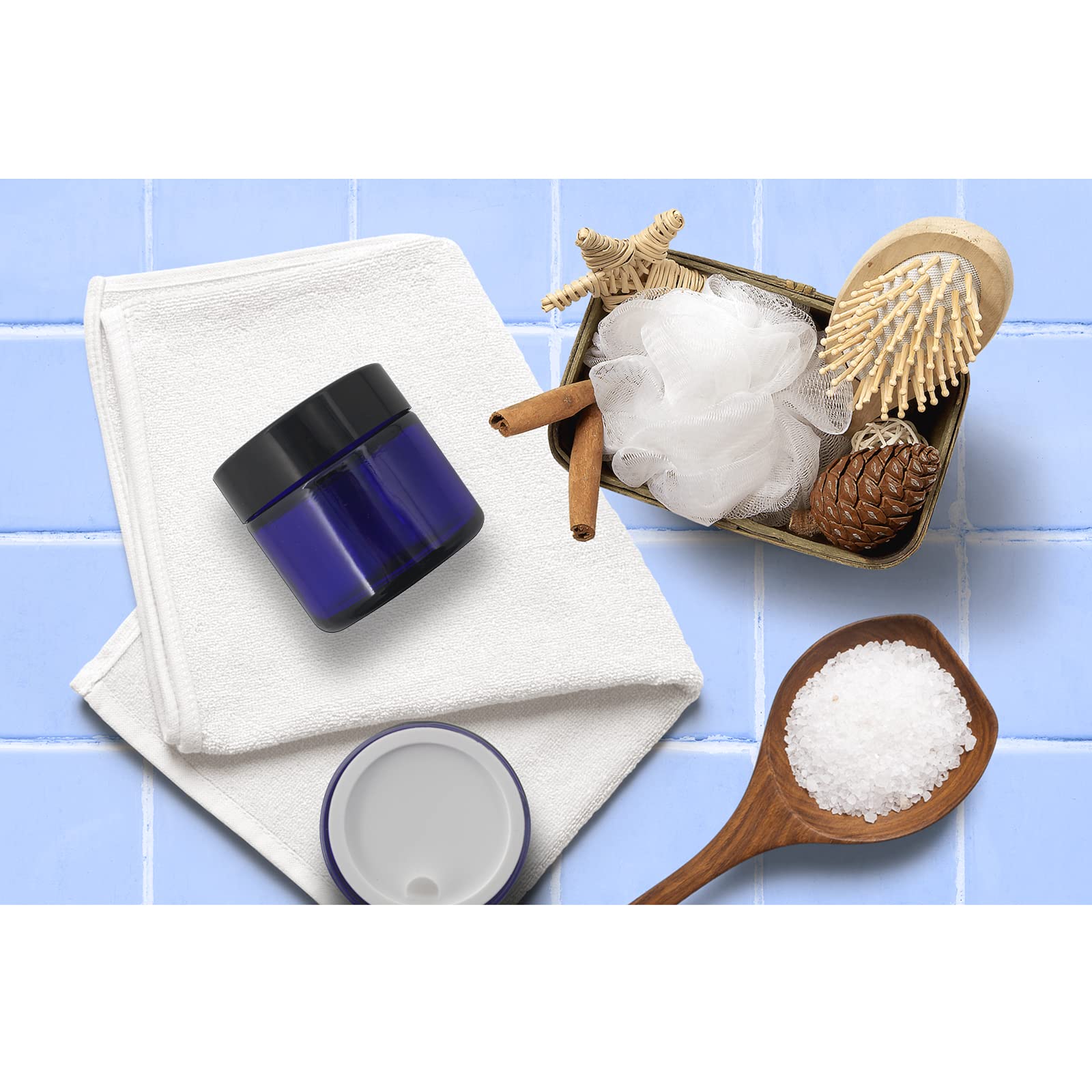 Bpfy 24 Pack 2 Oz Round Blue Glass Cosmetic Jars With Inner Liners And Black Lids, Travel Jars, Refillable Containers For Makeup