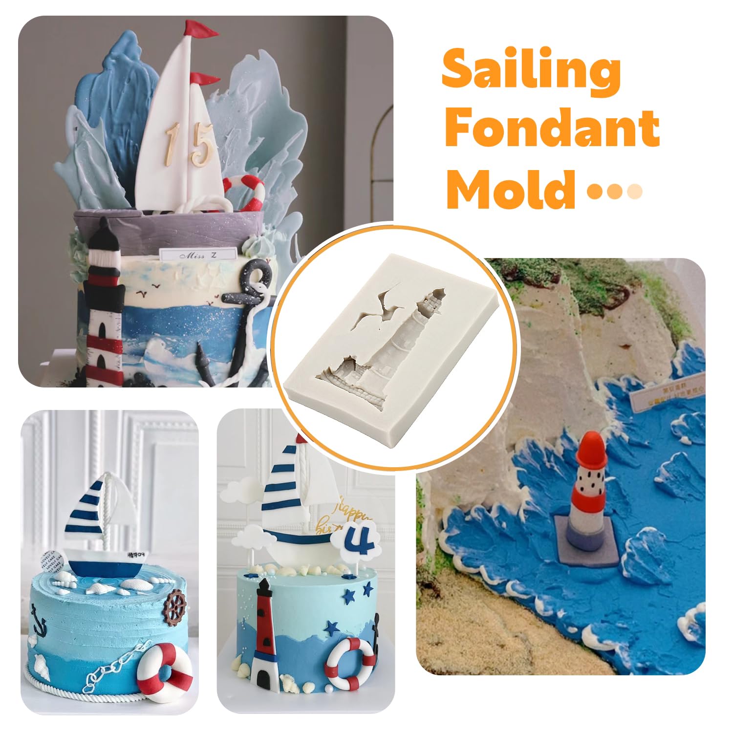 Sijiangmold Sailing Ship Fondant Molds Compass Anchor Rudder Lighthouse Silicone Molds For Cake Decorating Chocolate Candy Cupca
