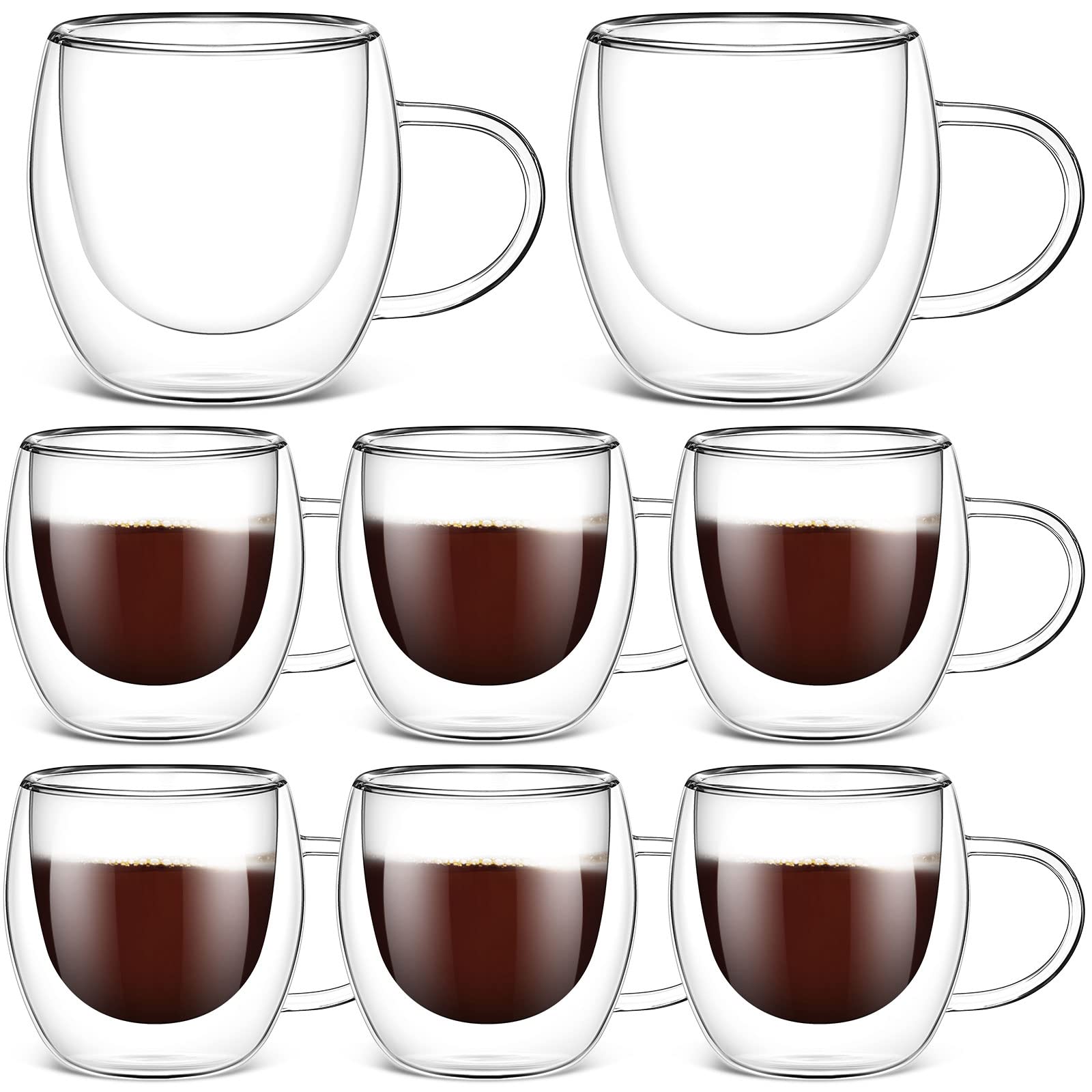 Didaey 8 Pack 8 oz Glass Coffee Mugs Clear Insulated Glass Espresso Coffee Cups with Handle Cafe Mugs Set Borosilicate Glassware