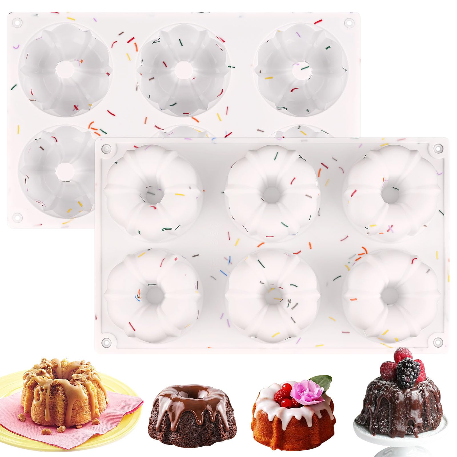 Huakener 2 Pcs Mini Bundt Cake Pan, 6-Cavity Fluted Tube Cake Pan, Non-Stick Silicone Baking Mold For Cupcakes, Donuts, Muffins,
