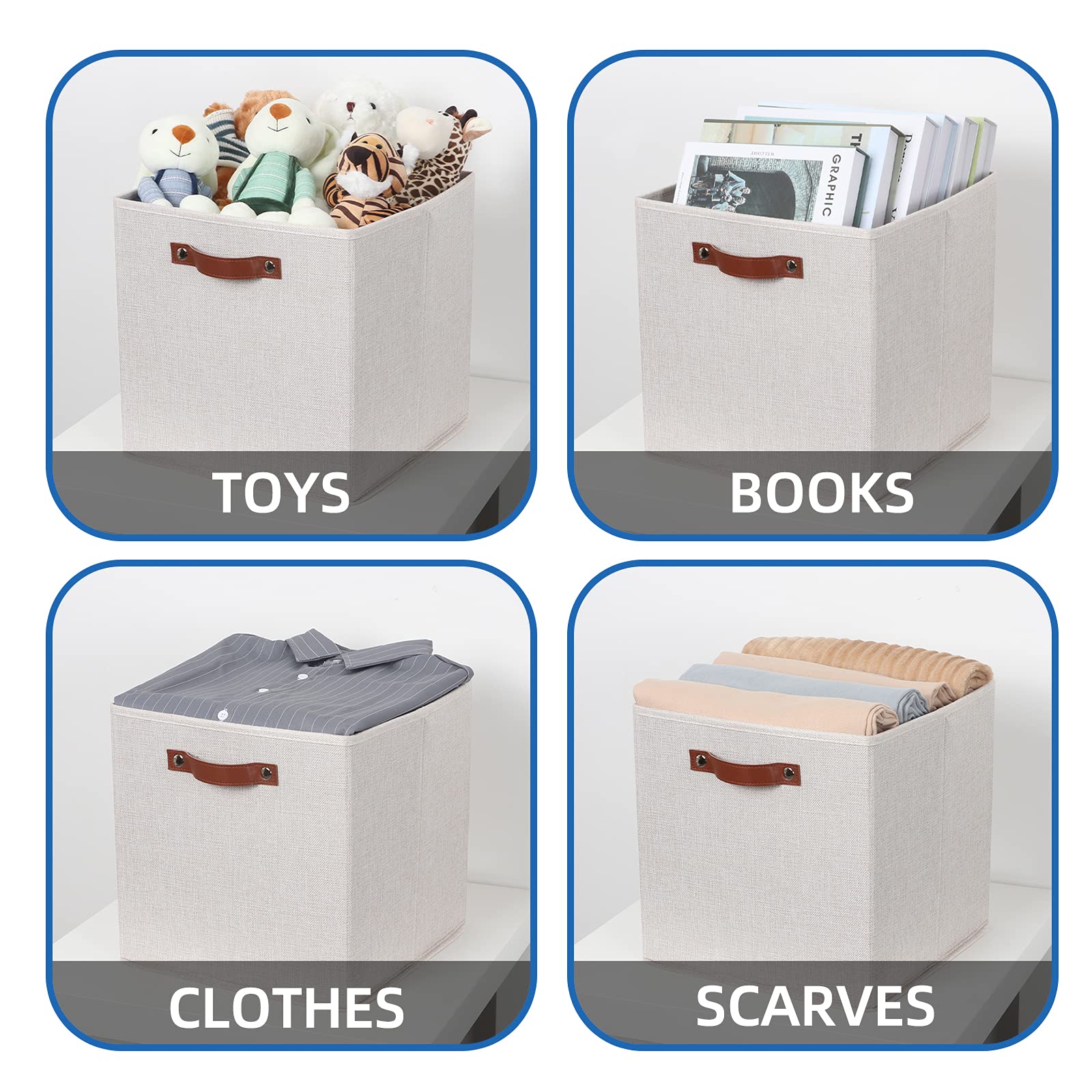 Temary Fabric Storage Cubes Storage Bins with Dual Leather Handles  4 Pack Cube Baskets 13x13 Foldable Cube Organizers for Shelves  Home  Office  Nursery