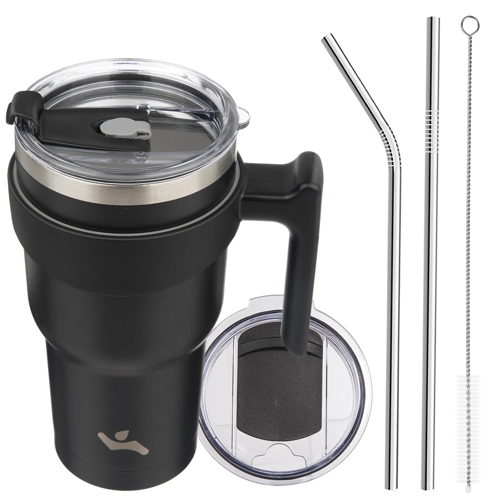 Konokyo 30 oz Tumbler with Handle and 2 Straw 2 Lid, Insulated Water Bottle Stainless Steel Vacuum Cup Reusable Travel Mug,Black