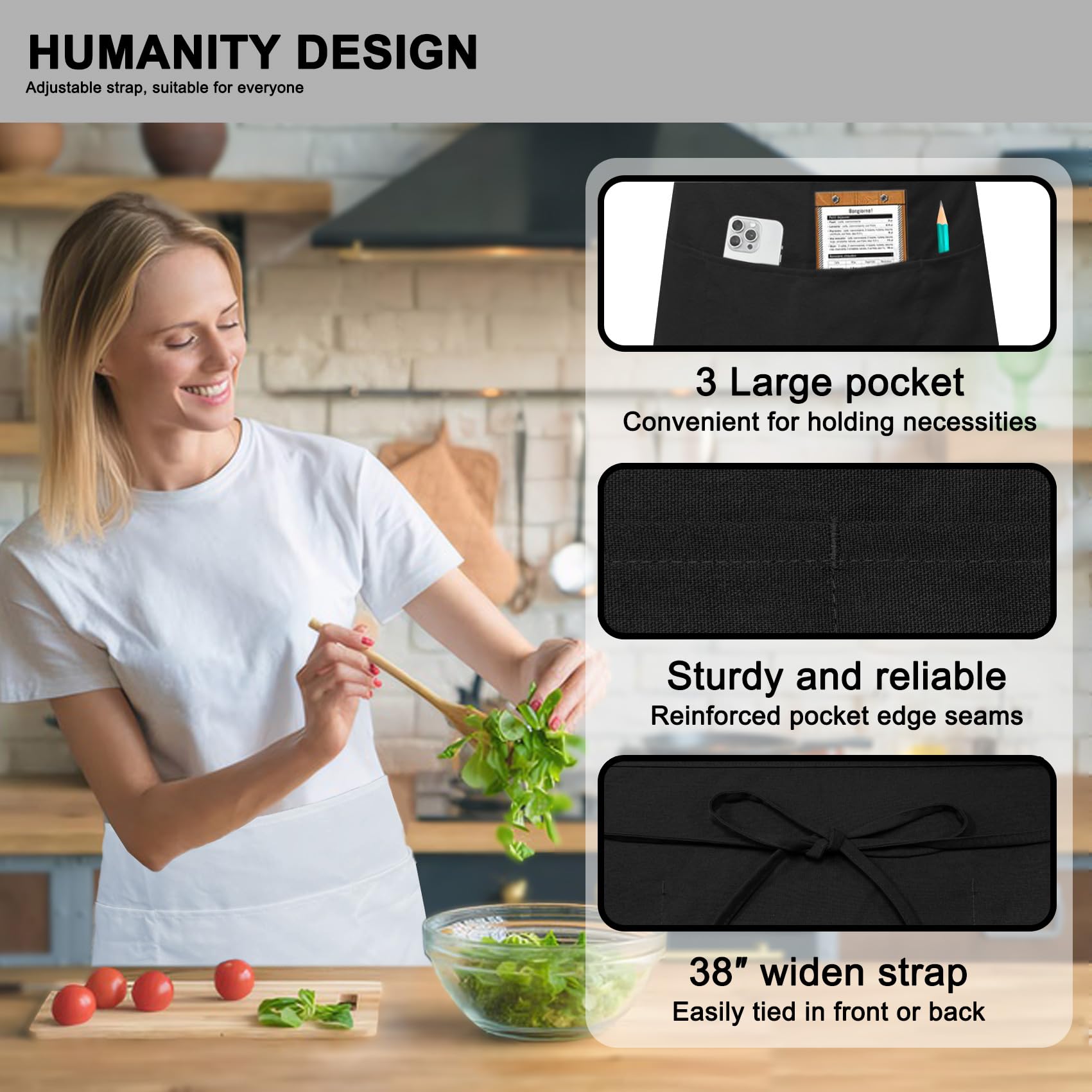 Ploymono Waist Apron With 3 Pockets, 1 Pack Spun Polyester Half Server Apron For Women&Men, Half-Length Short Apron Long Waist S