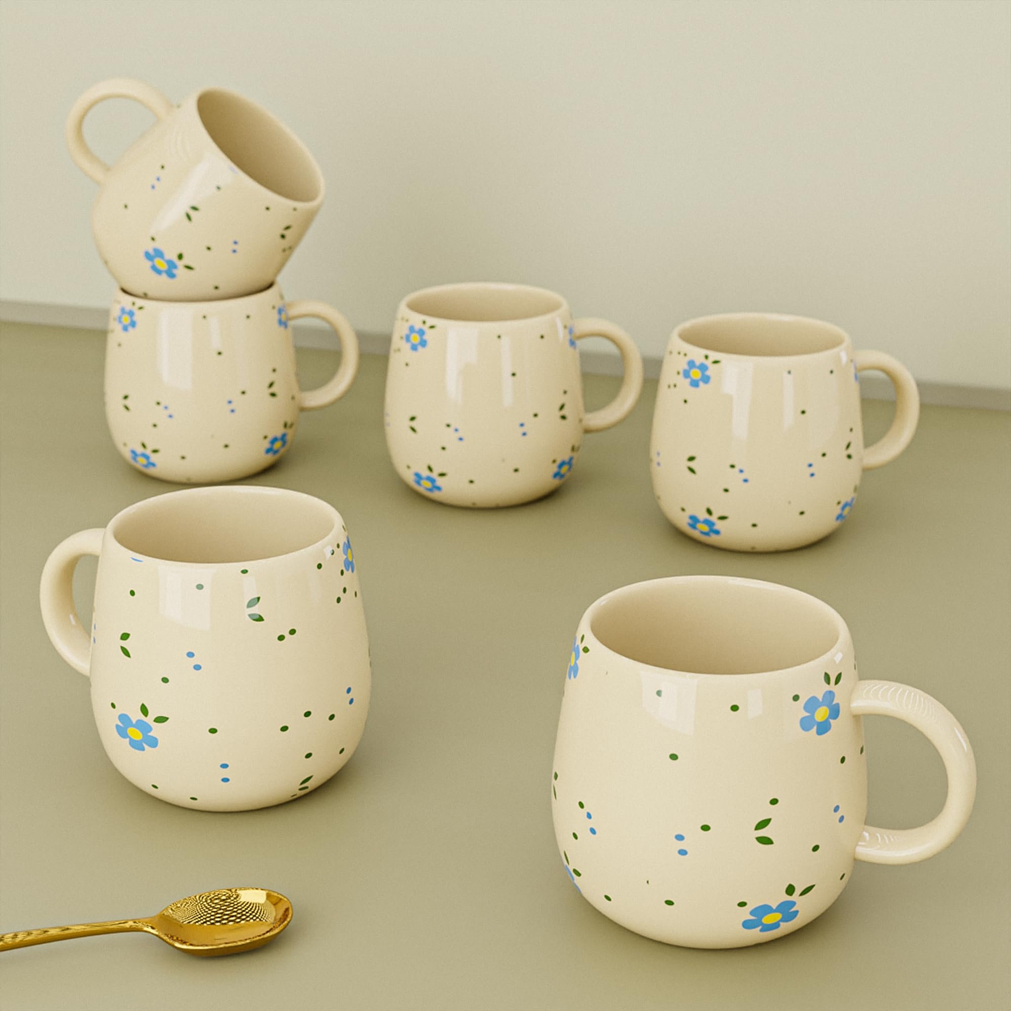 The Earth Store Ovule Flower Ceramic Cup Set Of 6 For Tea, 160Ml | Microwave And Dishwasher Safe Cup Set For Coffee, Perfect For