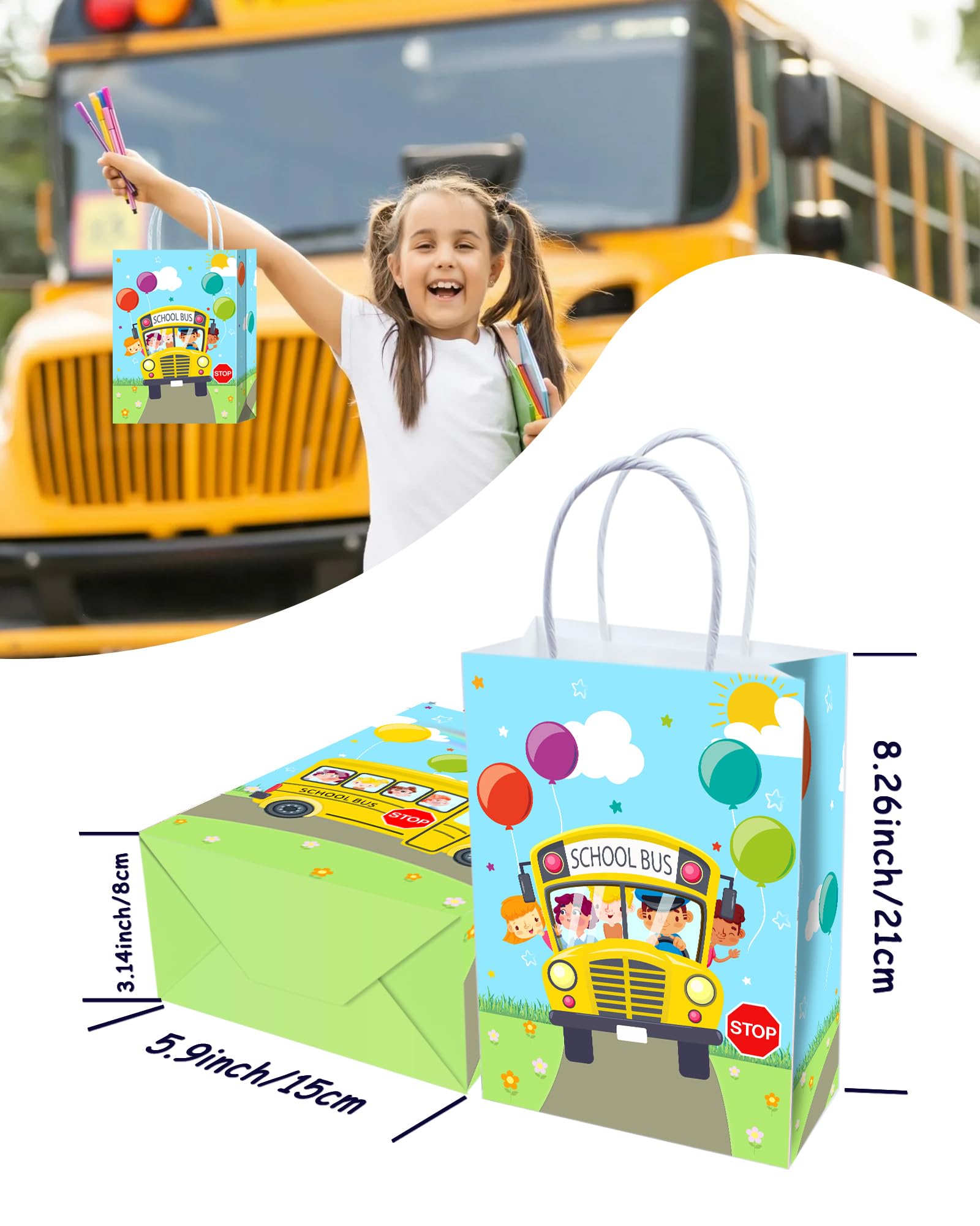 Yanzonic 16Pcs School Bus Decorations Goodie Bags - Back To School Party Favor Bags For School Bus Birthday Party Decorations, S