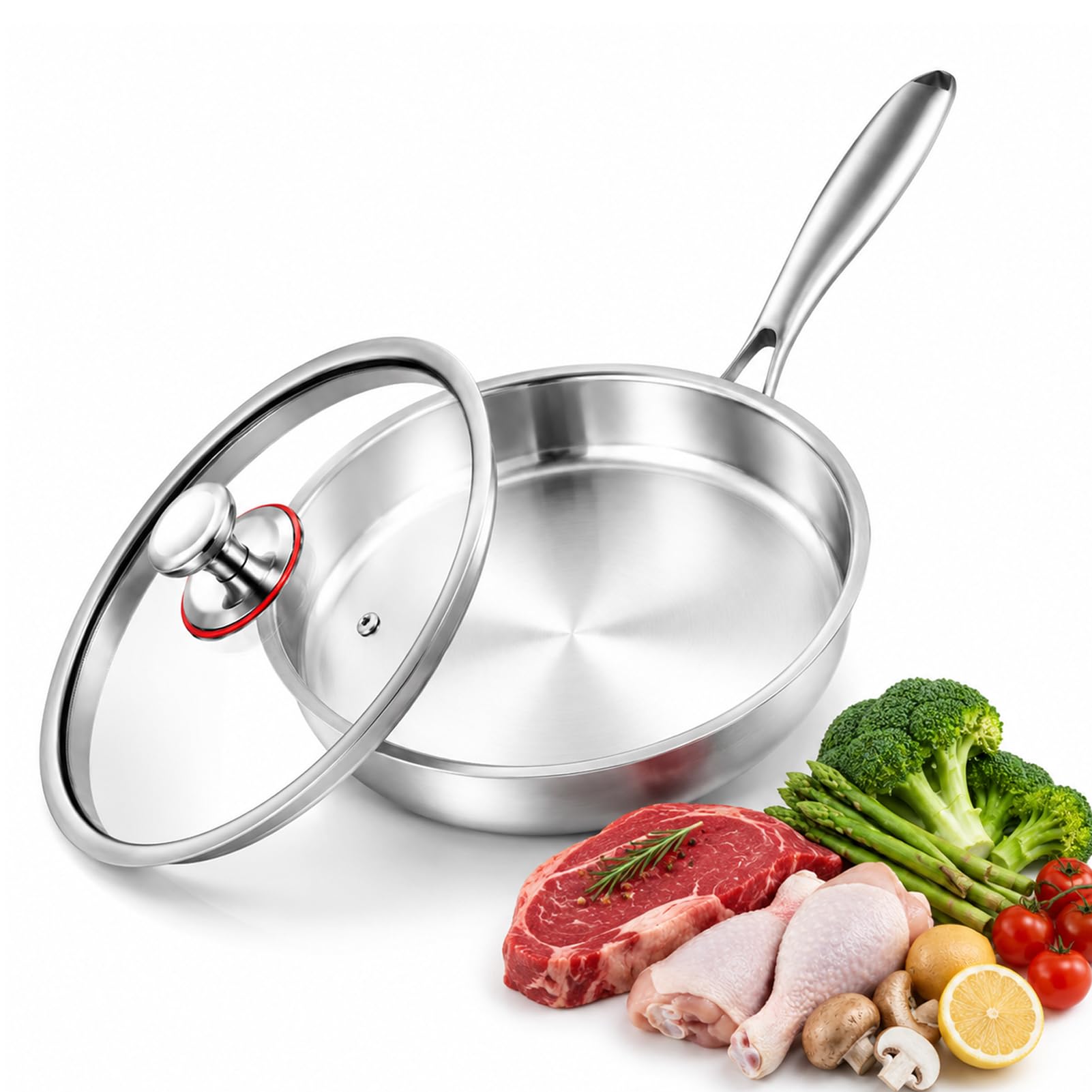 HACLON 12 Inch Large TriPly 304 Stainless Steel Frying Pan with Lid