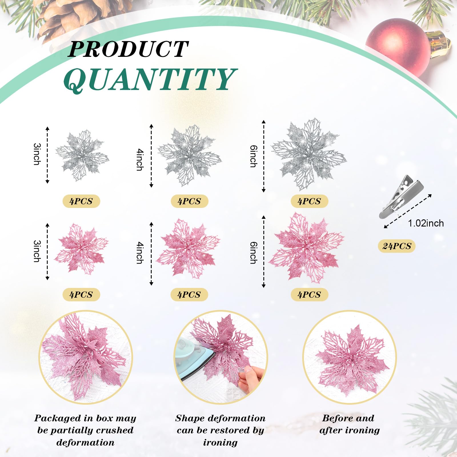 Boao 24 Pieces Pink and Silver Christmas Poinsettia Flowers Glitter with Clips Christmas Ornaments Decorations for Tree Artifici
