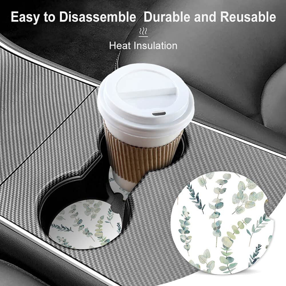 Green Leaf Watercolor Floral Absorbent Cup Holders Car Coasters Ceramic Stone Drinks Coaster Set for Women Man 2.56''(2 Pack)