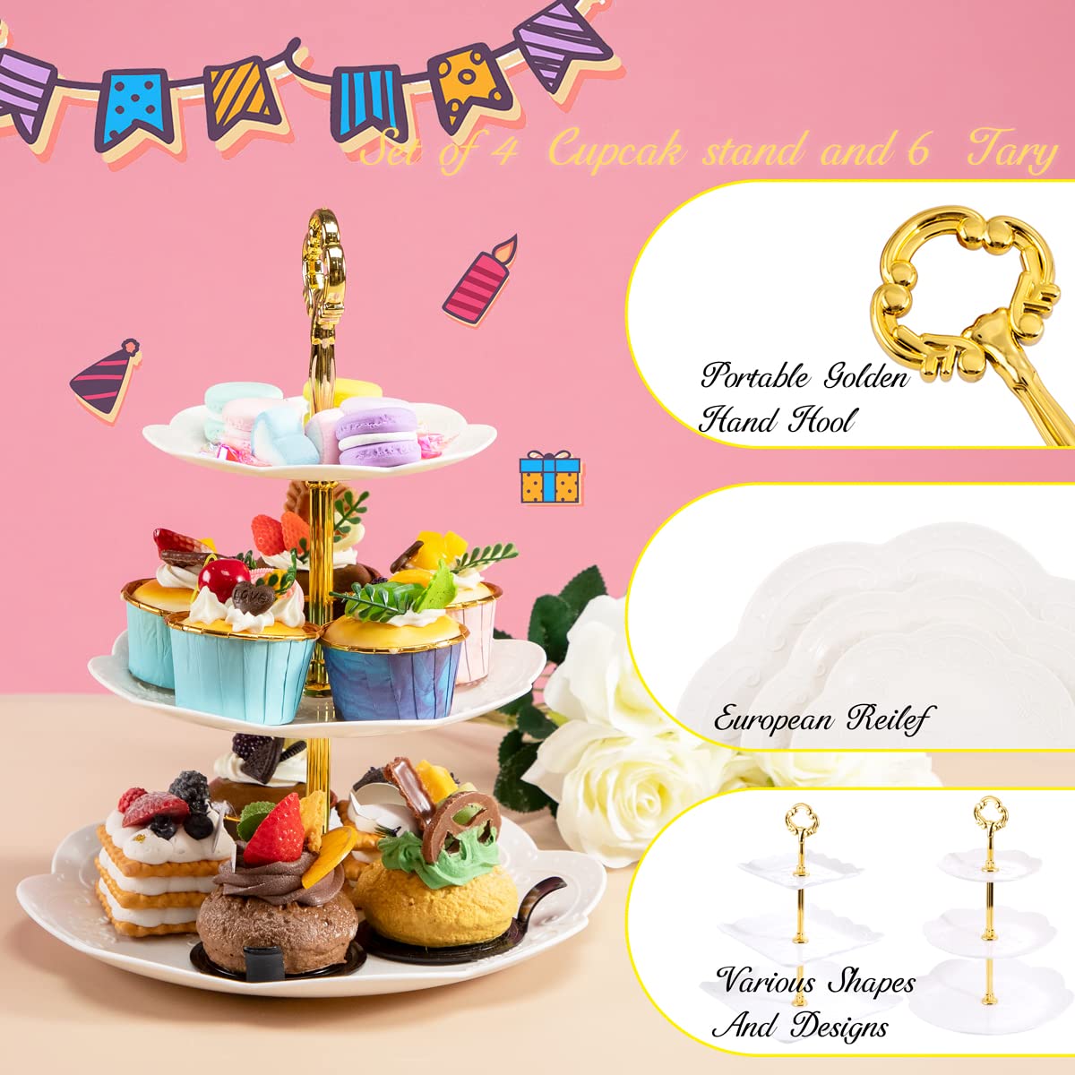 Supernal 3 Tier Cupcake Stands, 6Pcs Plastic Trays, 4Pack Cupcake Dessert Stand, Party Trays Set, Cake Platters Includes 6 Pcs P