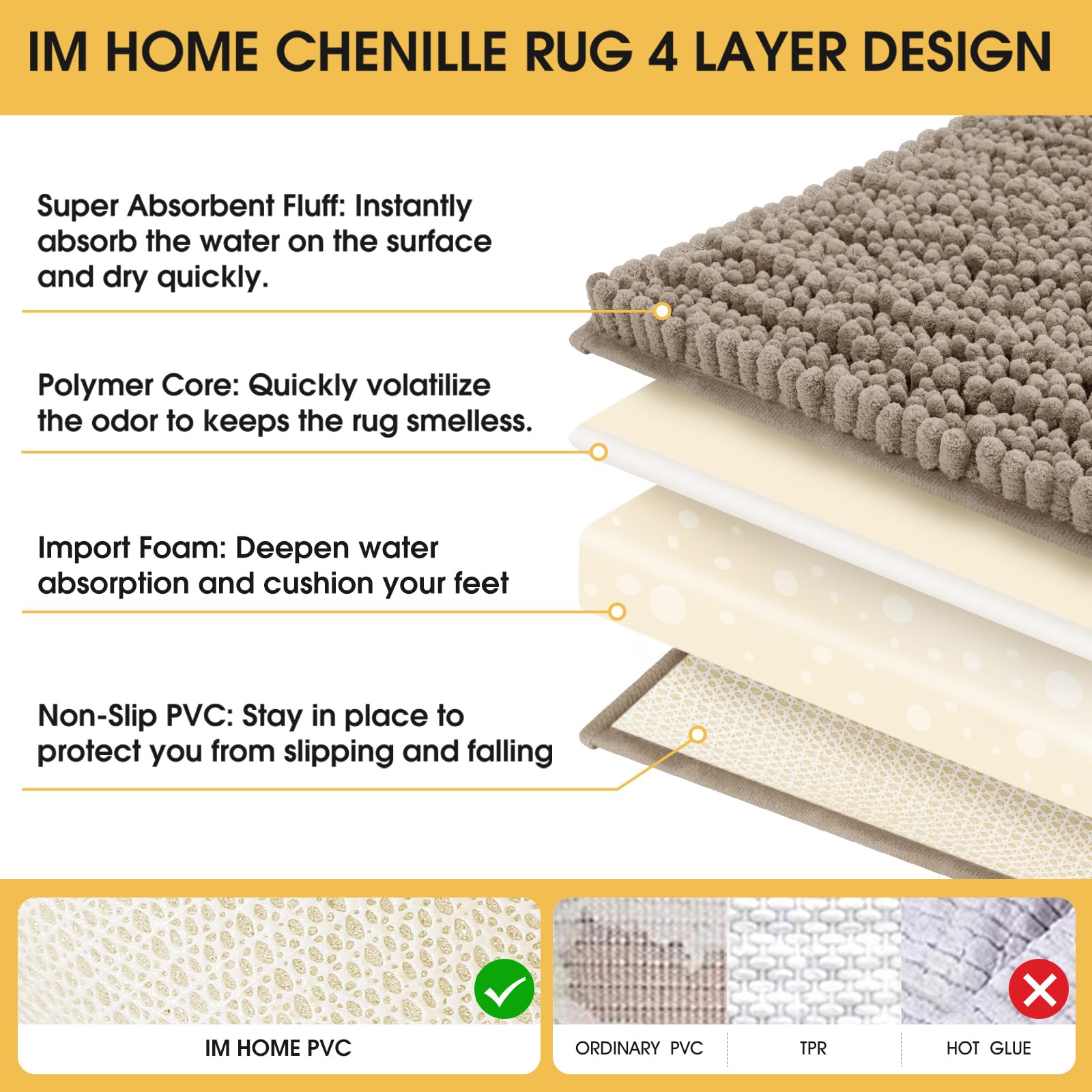 Accumtek Upgrade Extra Large Dark Beige Bathroom Rug Set 3 Pieces Gray Ultra Soft, Thick Absorbent Bath Mats, Non Slip Chenille