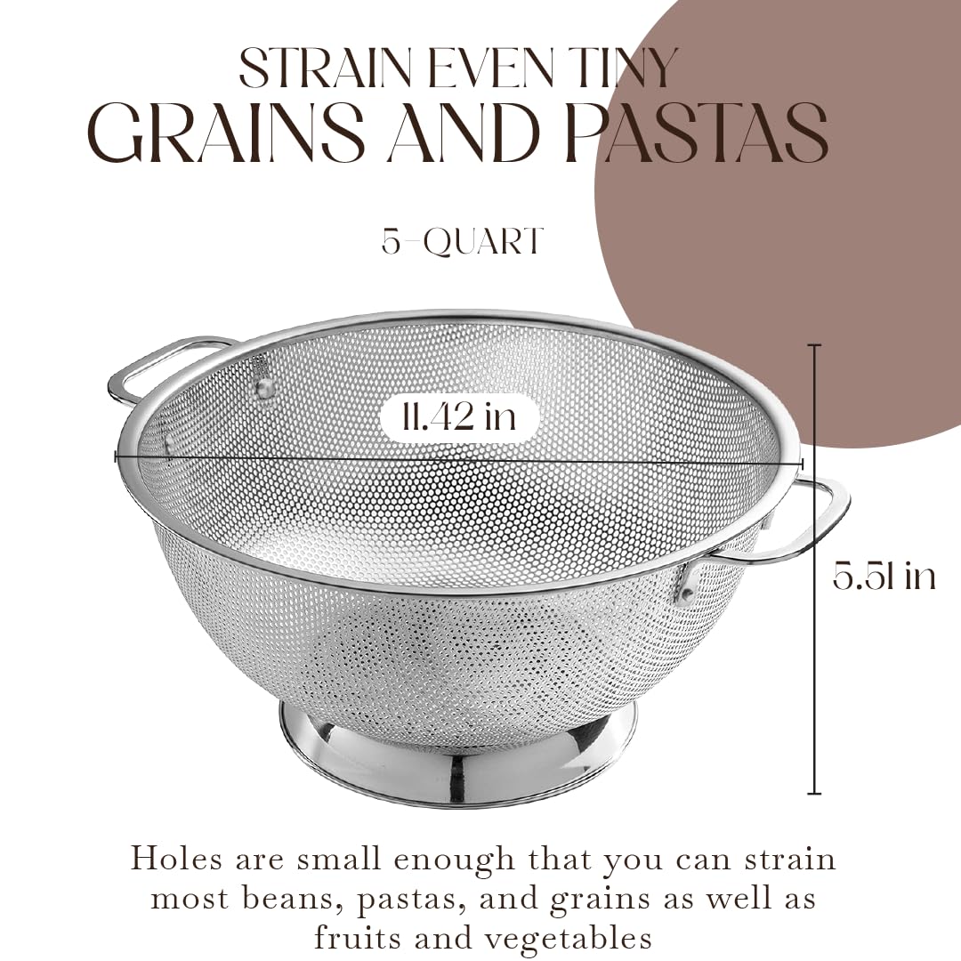 Bellemain 5 Qt Metal Colander With Handle | Pasta, Spaghetti, Berry, Fruit, Vegetable, Kitchen Food Strainer Basket | 18/8 Stain