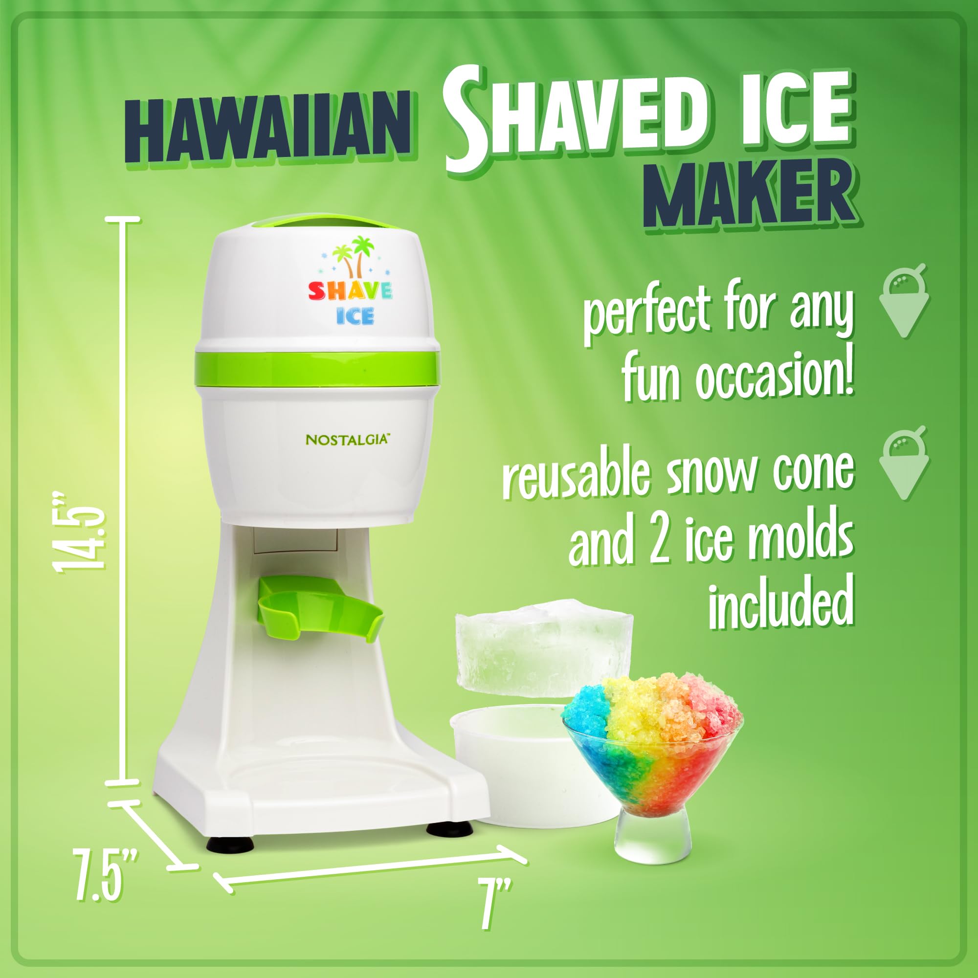 Nostalgia Snow Cone Shaved Ice Machine - Includes 1 Reusable Plastic Cup And Ice Molds, White, Green