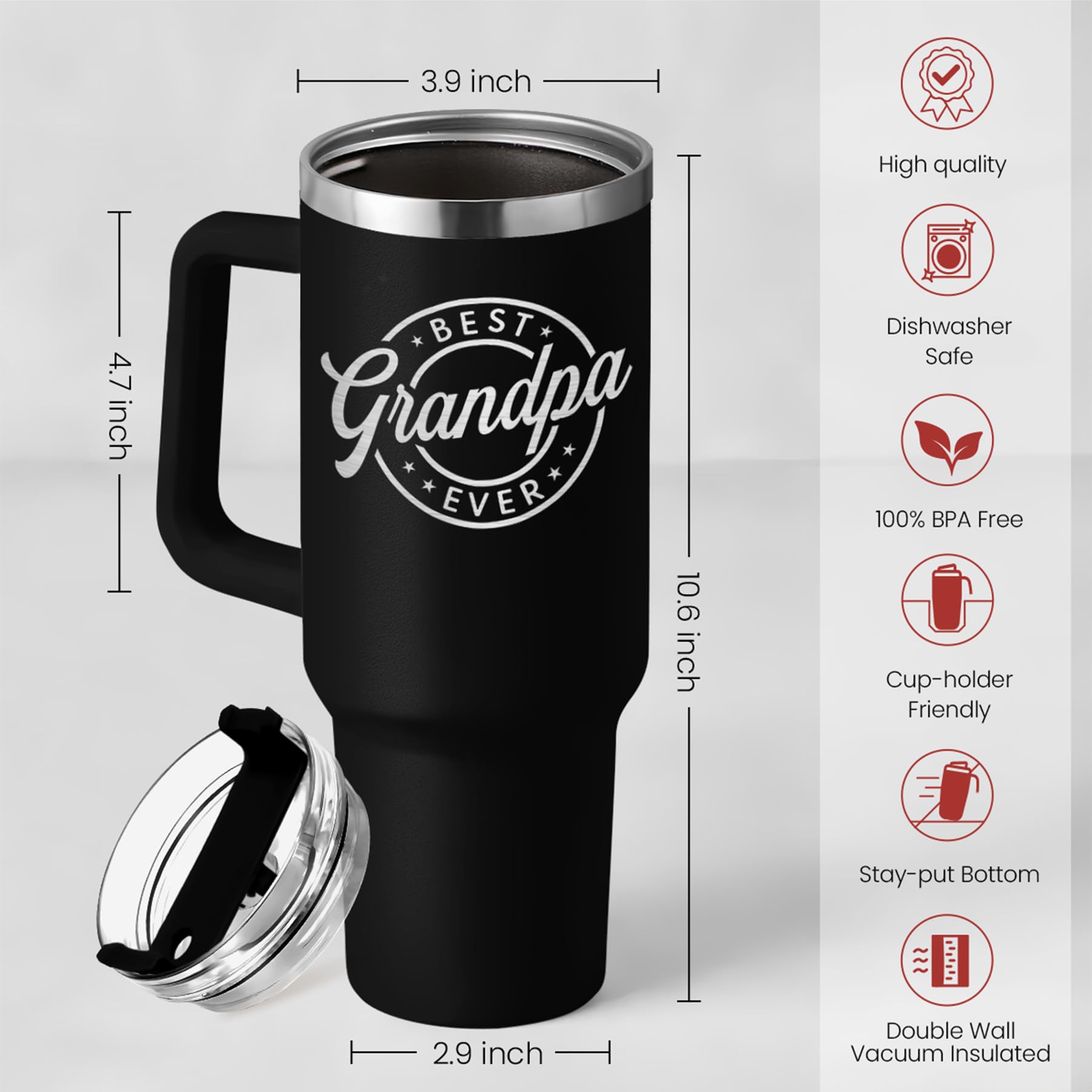 SANDJEST Best Grandpa Ever Tumbler with Handle 40oz, Grandfather Gifts for Birthday Christmas Fathers Day Valentines, Presents f