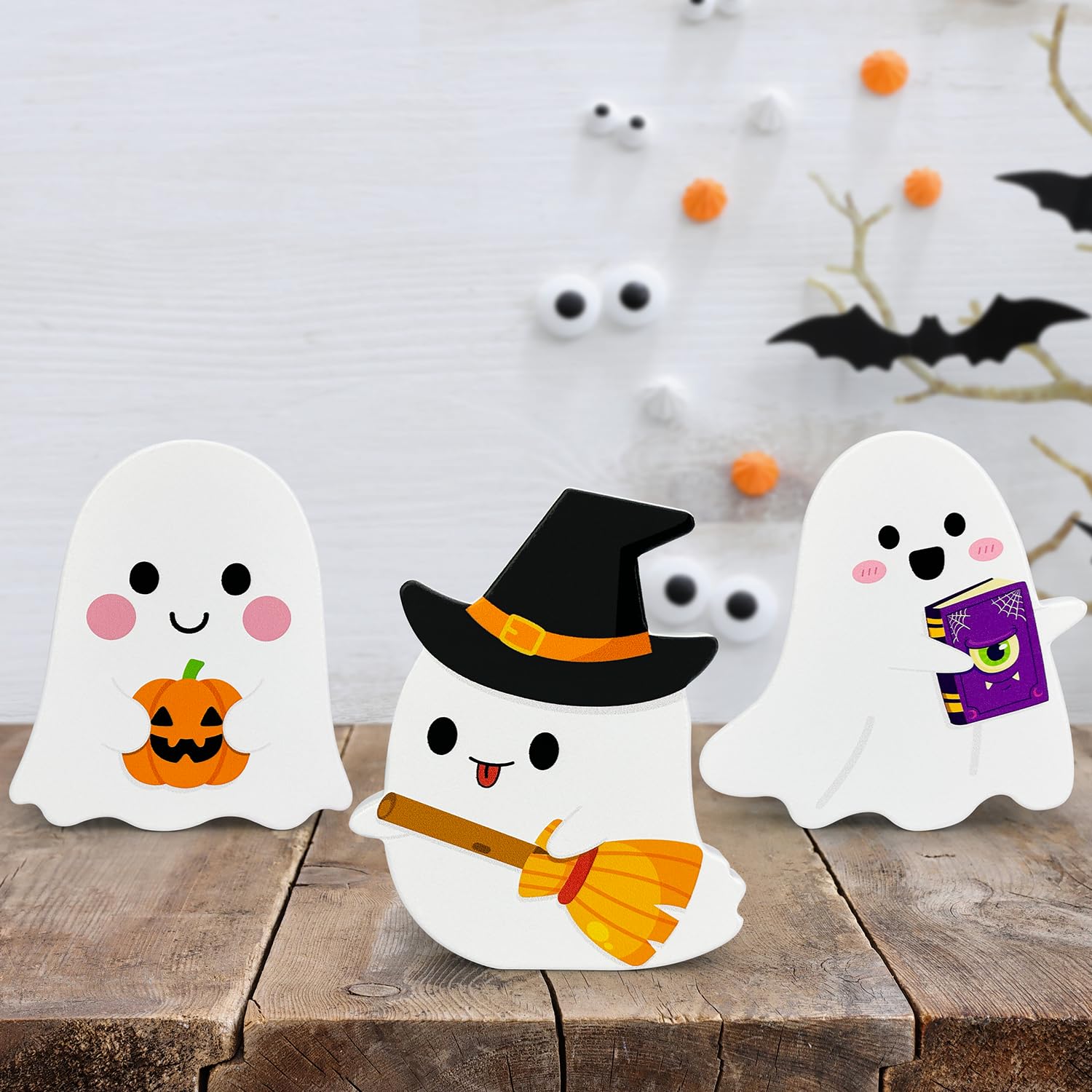 Halloween Table Decorations 3 Pcs, Cute Wooden Ghosts Party Decor for Indoor Home, Funny Signs for Tiered Tray Office, White Cen
