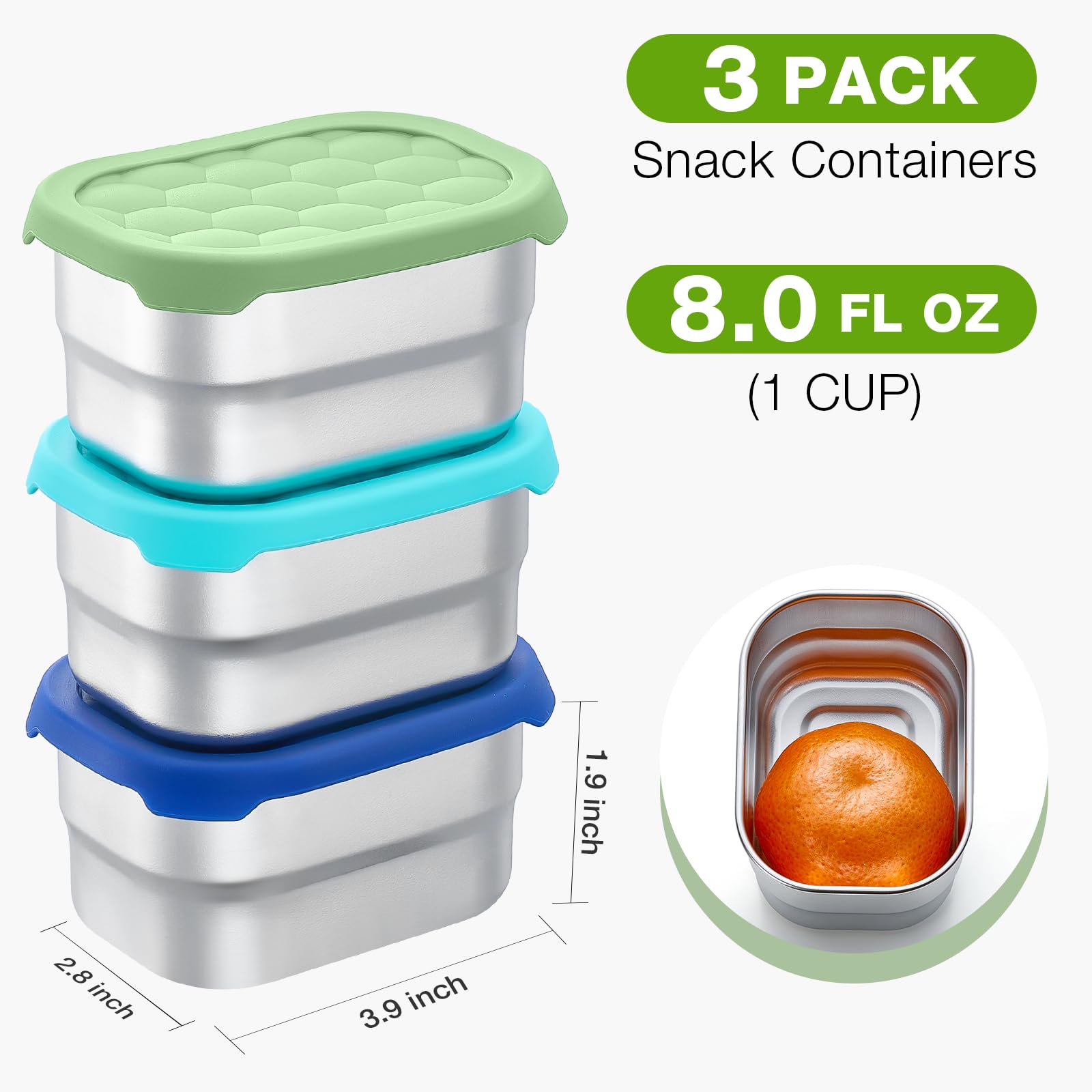 Gencywe 3 Pack Stainless Steel Snack Containers For Kids, 8 Oz Easy Open Leak Proof Small Toddler Snack Containers With Silicone