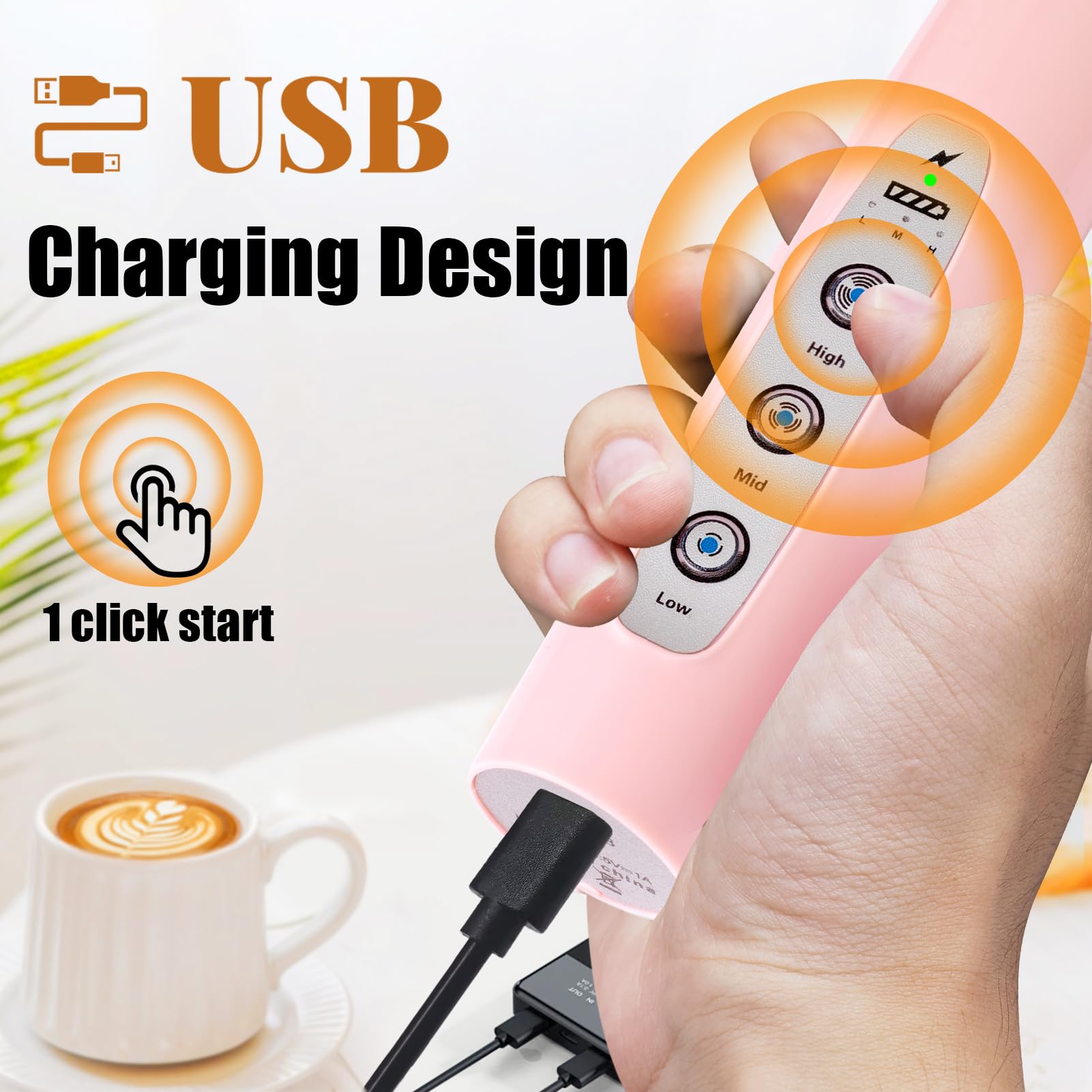 Nahida Pink Milk Frother Wand For Coffee, Frother Handheld With Stand Rechargeable Electric Whisk With 3 Heads 3 Speeds Drink Mi