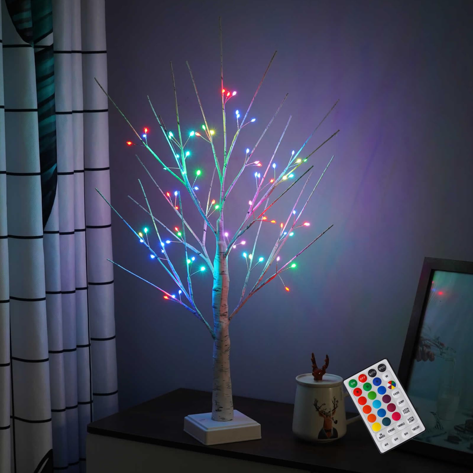 Lighted Trees for Indoor Decor with Timer, Small Christmas Tree with 72 LED Colour Lights, 2FT Light Up Birch Tree Tabletop Lamp
