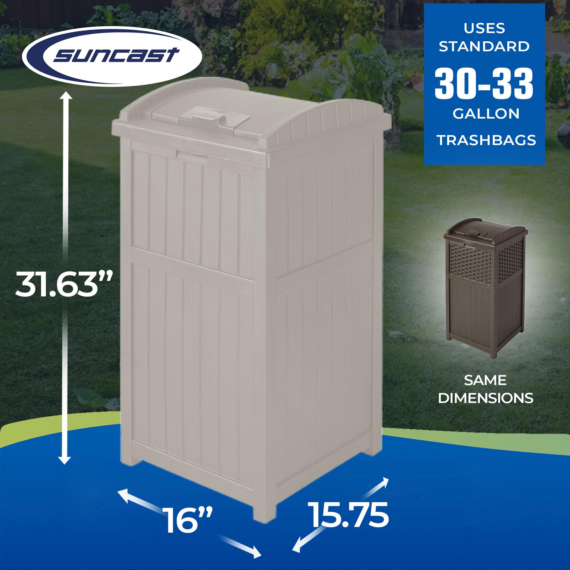 Suncast 33 Gallon Trash Hideaway Easy Assembly Durable Plastic Garbage Container With Wood Look Design, 1 Beige And Brown (2 Pac