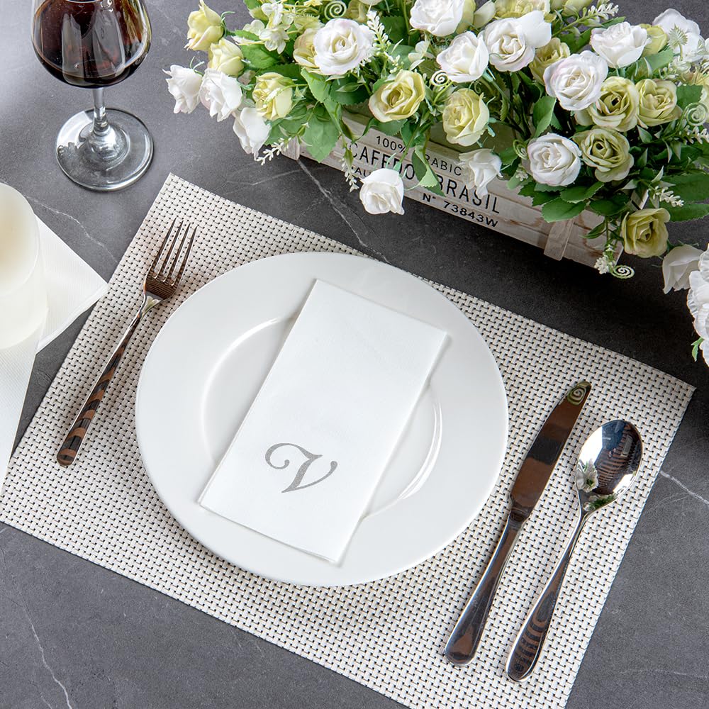 Luxenap 15.8 X 7.9 Inch Linen-Feel Guest Towels, 50 Disposable Striped Hand Towels - Silver Letter 'V', Cursive Font, White Pape