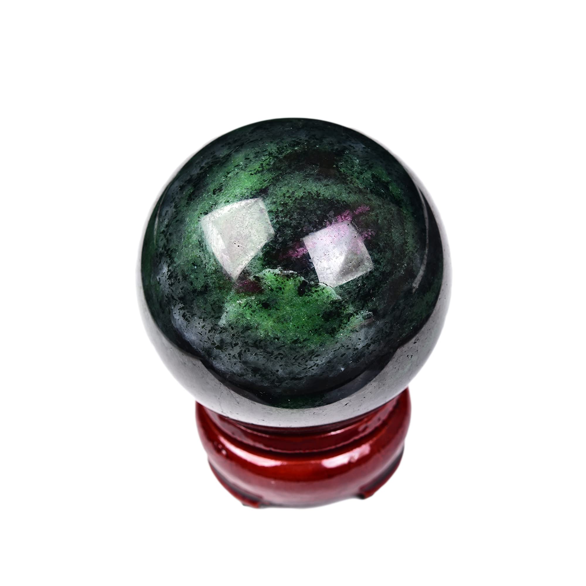 JIC Gem Natural Ruby Zoisite Quartz Crystal Sphere Balls with Wood Stand Red&Green Treasure Gemstone Decorative Orbs Reiki Energ