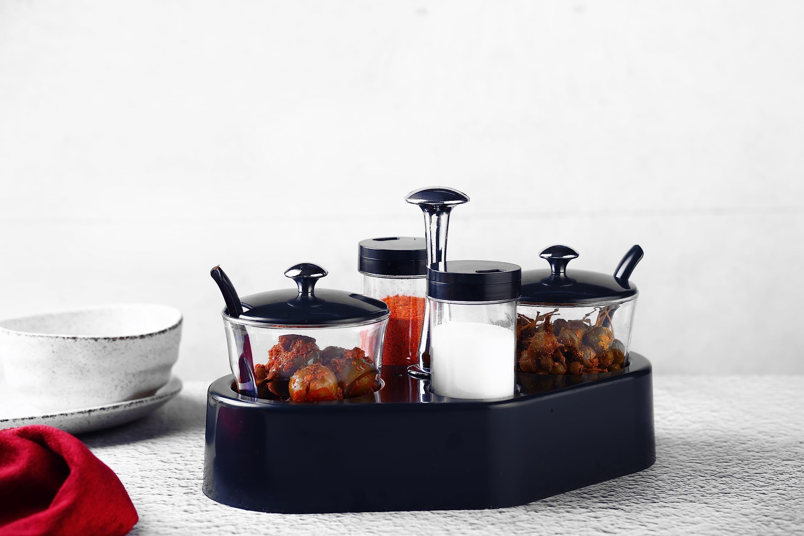 Ganesh Plastic 4 In 1 Trendy Pickle/Achar And Dry Fruits Jar/Container Set For Dining Table (Pack Of 1), Black & Transparent
