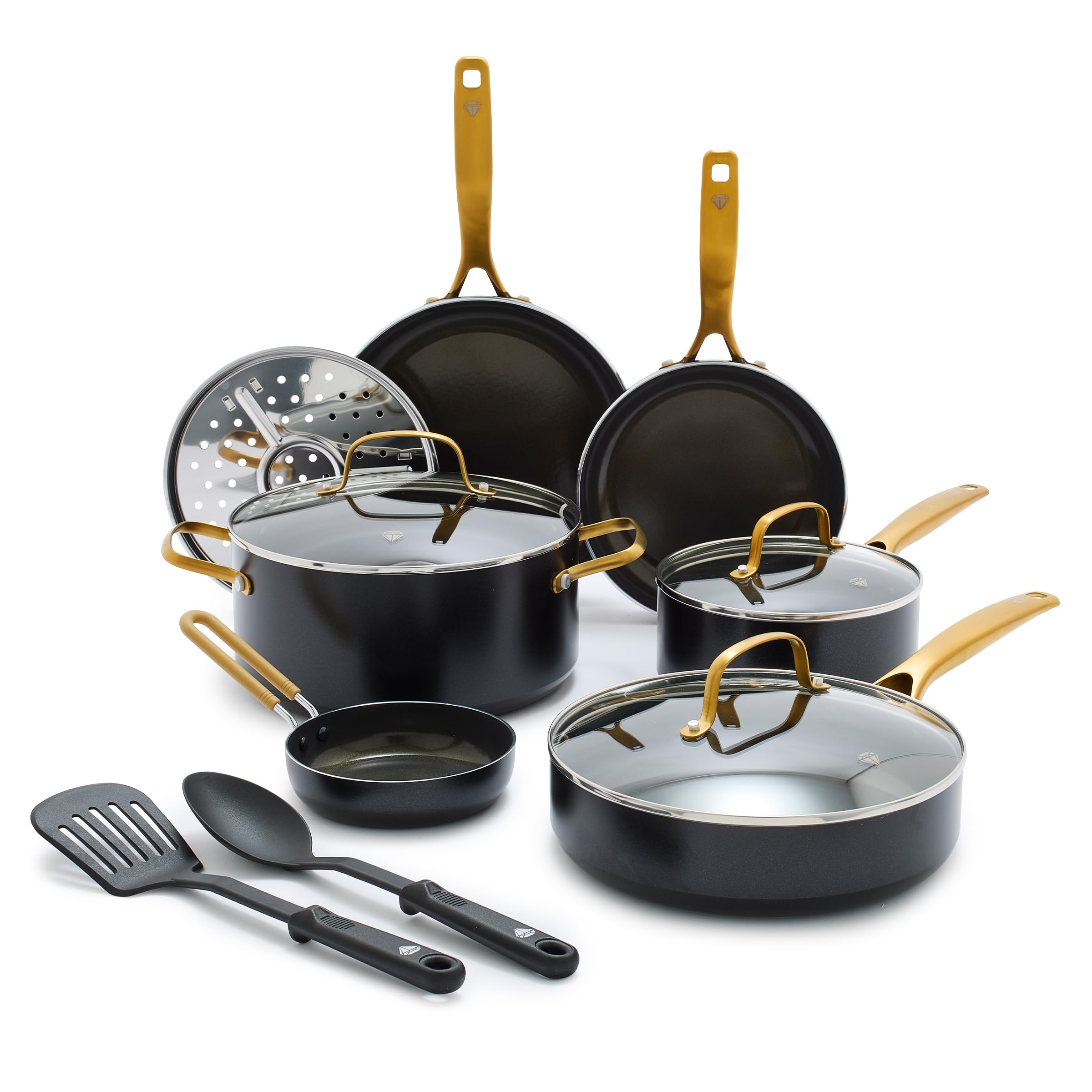Blue Diamond Gold 12 Piece Cookware Set, PFASFree Ceramic Nonstick Pots & Pans, Induction Ready for All Cooktops, Kitchen Servi