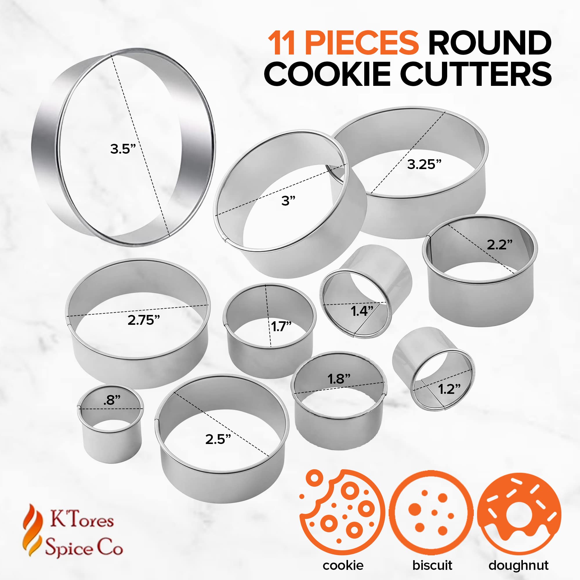 K'TORES SPICE CO Stainless Steel Cookie Cutter Set - 11 Piece Round Baking Pastry Cutters in Steel - Model KTR-169-10021