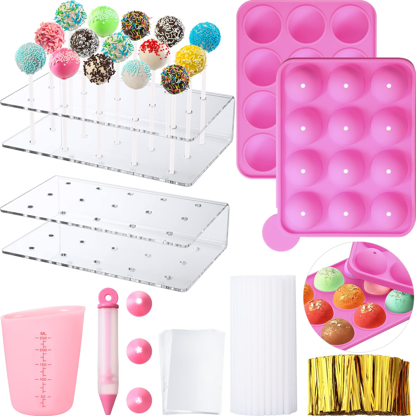 Cake Pop Maker Set, 12-Hole Silicone Cake Pop Mold With Lollipop Sticks, 15-Hole Acrylic Lollipop Holder, Measuring Cup, Decorat