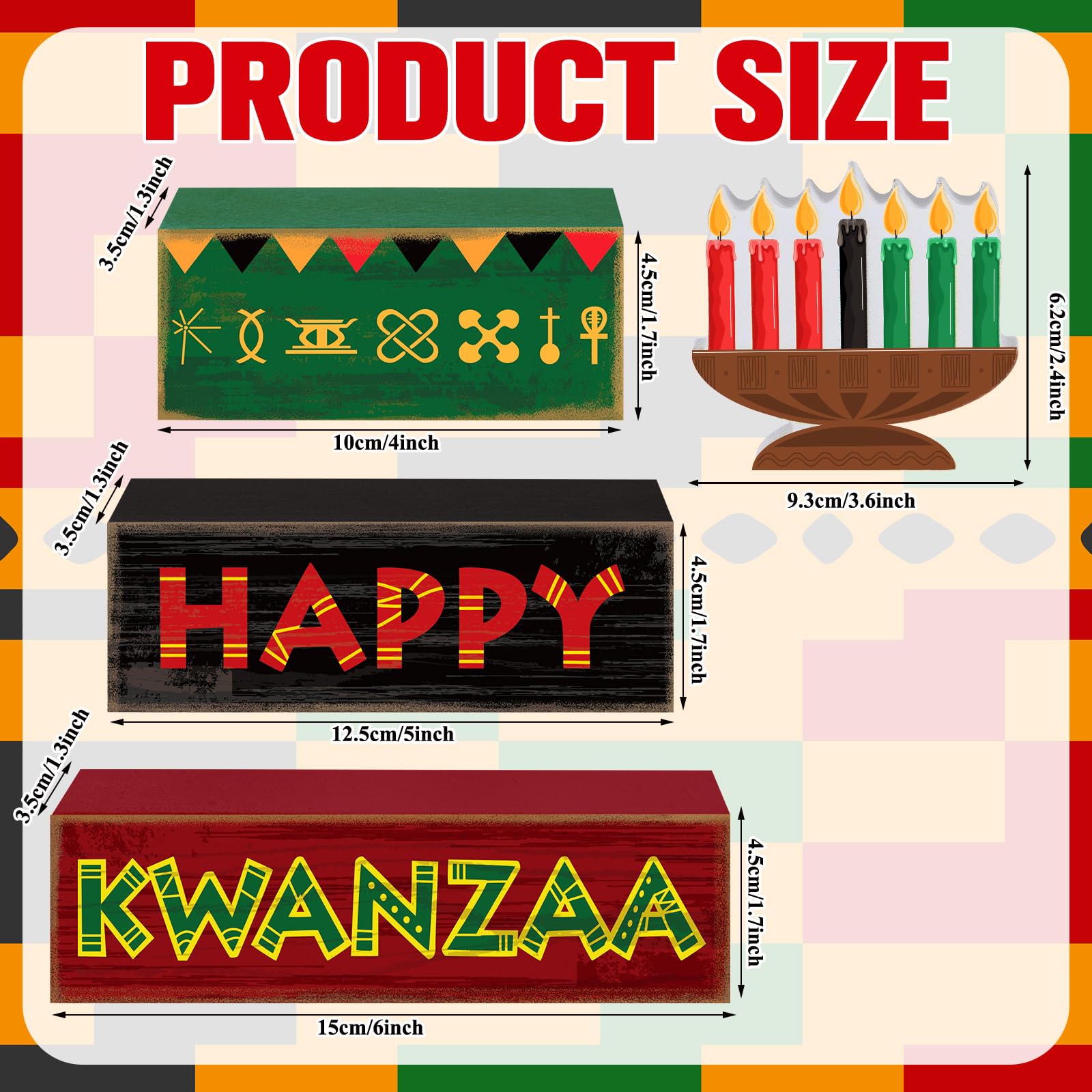 Yuntau 4 Pcs Happy Kwanzaa Table Decorations Kwanzaa Tiered Tray Decor Rustic African Candlestick Wood Block Tabletop Sign Gift