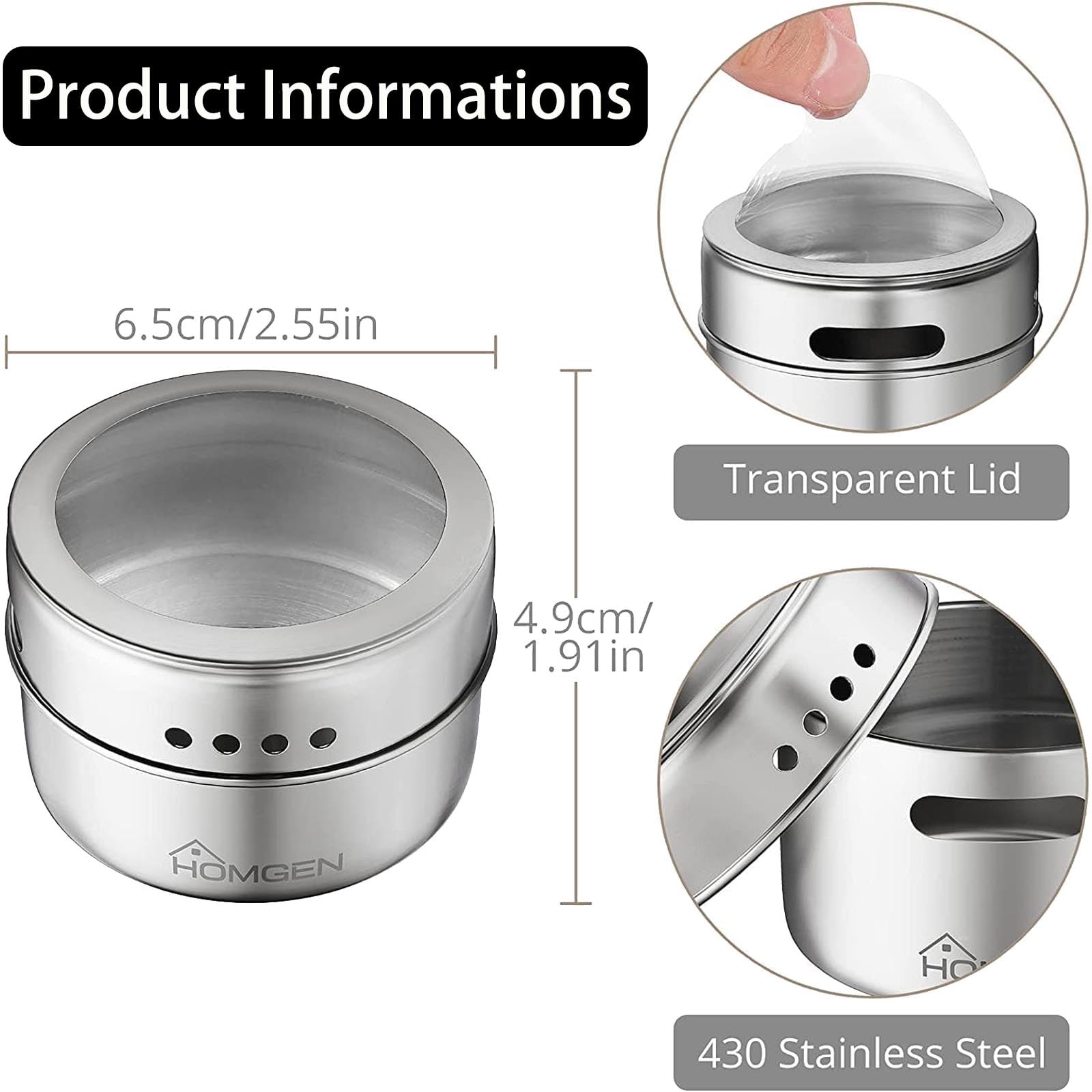 HOMGEN 12PCS Stainless Steel Magnetic Spice Jars Set 3.4oz Magnetic Spice Containers Magnetic Spice Jars for Refrigerator BBQ Magnet Spice Tins Set with Lids Labels and Chassis for Kitchen Camping etc