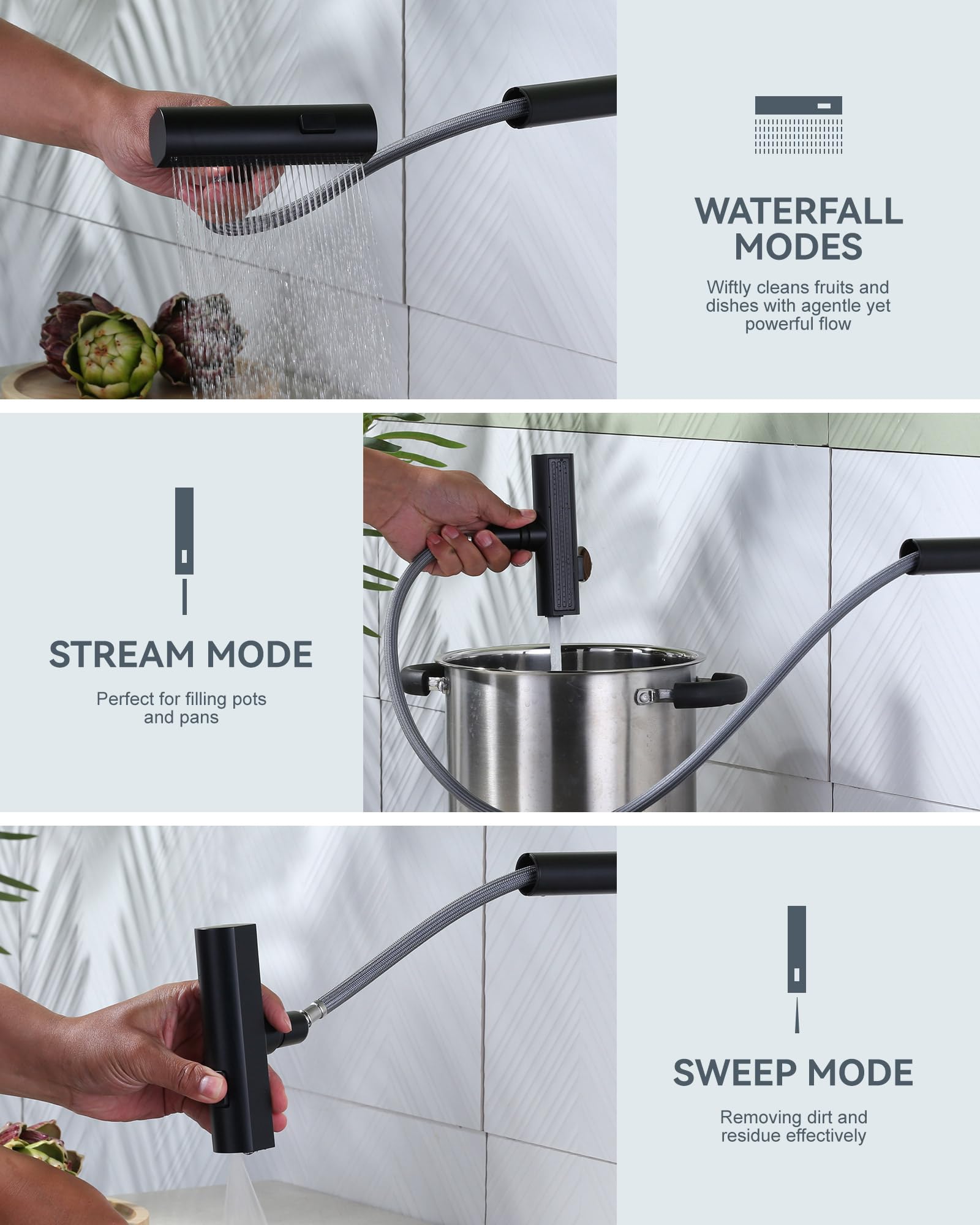 Waterfall Kitchen Sink Faucet With Sprayer: 3 Modes (Waterfall/Stream/Sweep) Pull Down Sprayer - Iviga Black Splash Proof Sink F